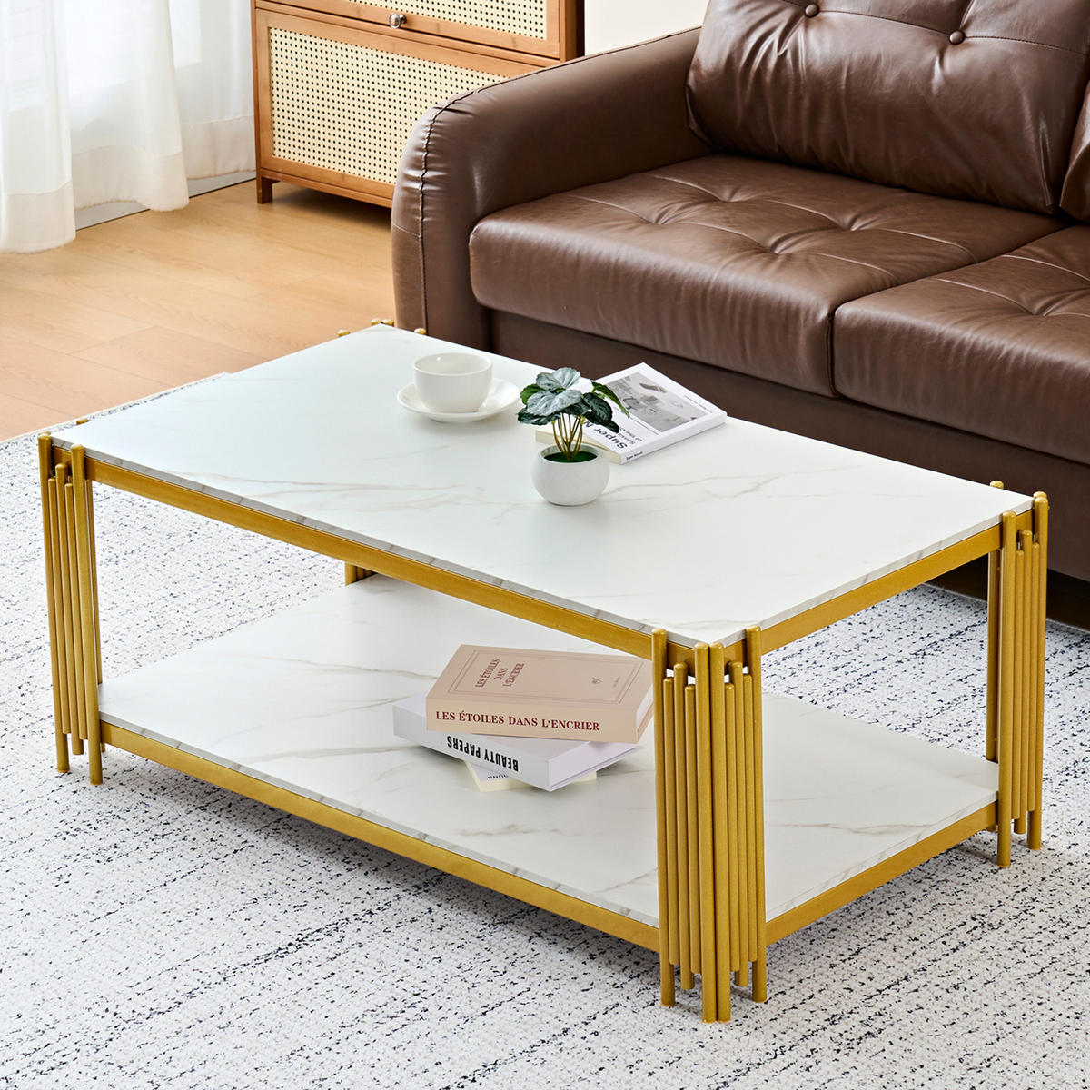COUCHTISCH 114/64/46 cm weiß gold aus MDF mit 2 Ablagen - Weiß, Holzwerkstoff (114/64/46cm) - OKWISH
