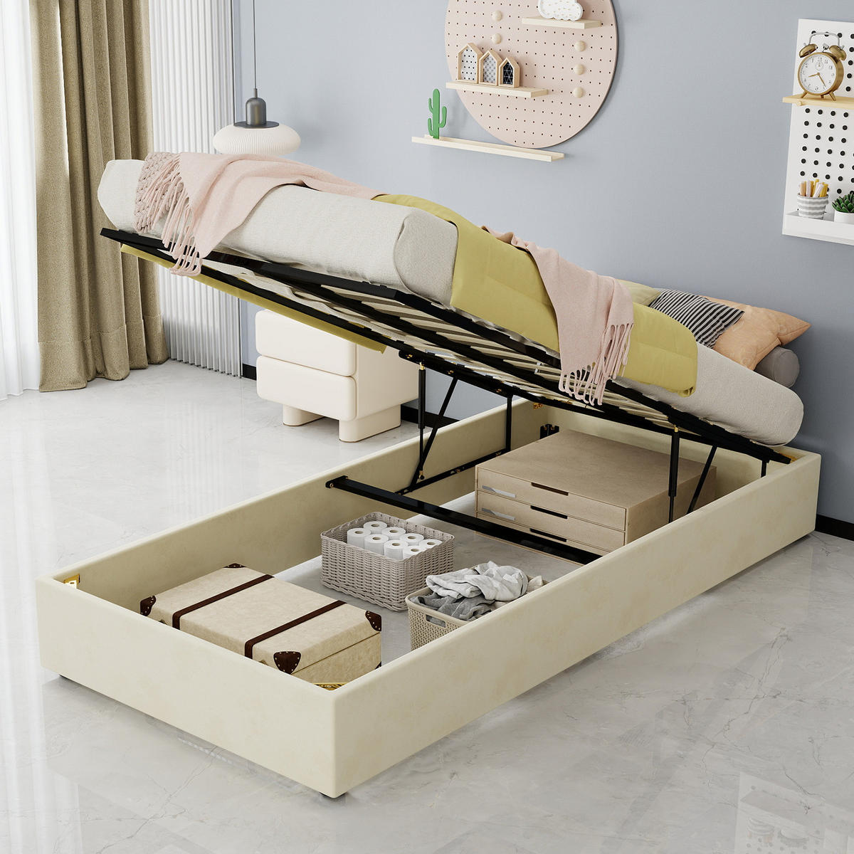 POLSTERBETT 90/200 cm in Beige mit Bettkasten, gepolstertem Kopfteil, Stoff und Metall - Beige, Holzwerkstoff/Textil (90/200cm) - STILVORA