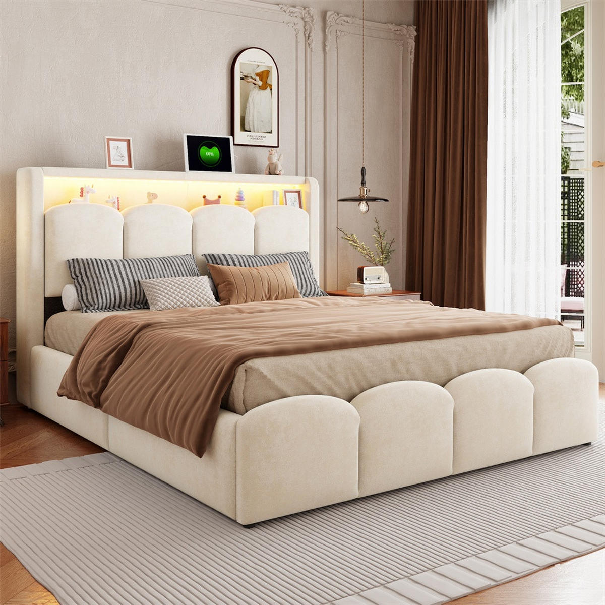 POLSTERBETT 140x200 cm mit KopfteilStauraum & hydraulischem Stauraum - USB und Type-C & LED - Beige - Beige, Textil (140/200cm) - DELFA