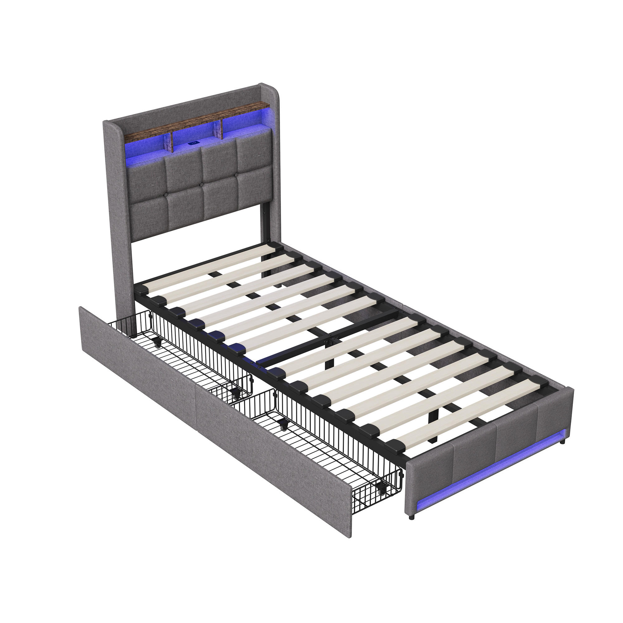 BETT 90x200 cm mit Schubladen, Kopfteil mit Stauraum und LED-Beleuchtung, USB- und Typ-C-Anschlüsse, Leinenstoff, Lattenrost - Grey - Grau, Holzwerkstoff (90/200cm) - Brevoria