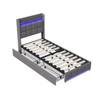 BETT 90x200 cm mit Schubladen, Kopfteil mit Stauraum und LED-Beleuchtung, USB- und Typ-C-Anschlüsse, Leinenstoff, Lattenrost - Grey - Grau, Holzwerkstoff (90/200cm) - Brevoria