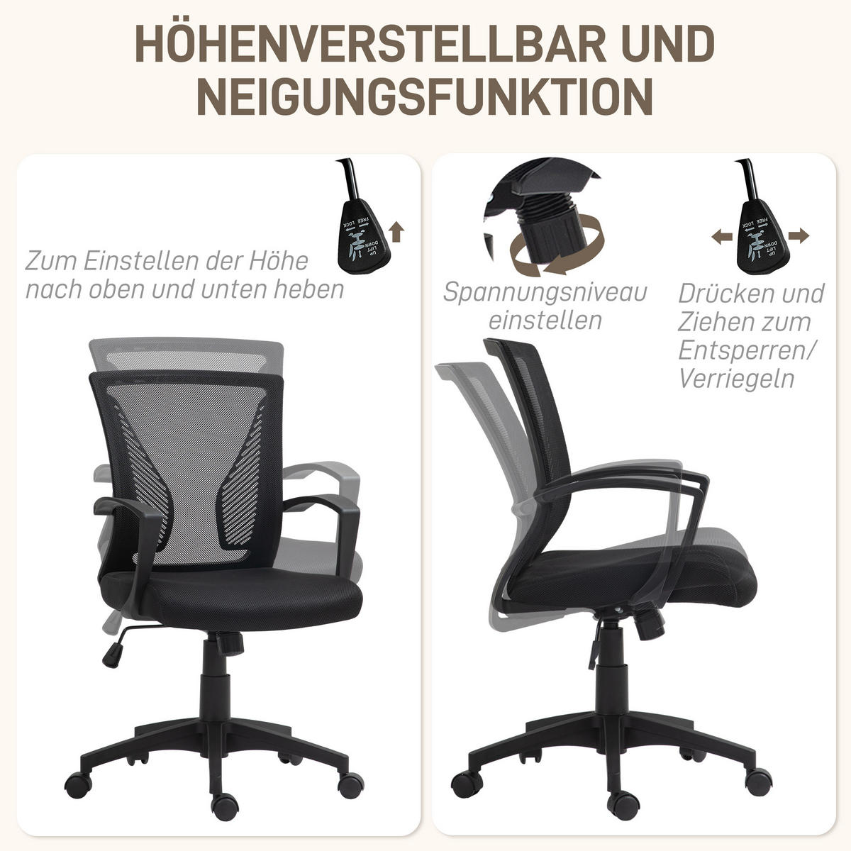 BÜROSTUHL mit Kippfunktion, höhenverstellbar Schreibtischstuhl Drehstuhl Schwarz - Schwarz, Textil (60/102/62cm) - HOMCOM