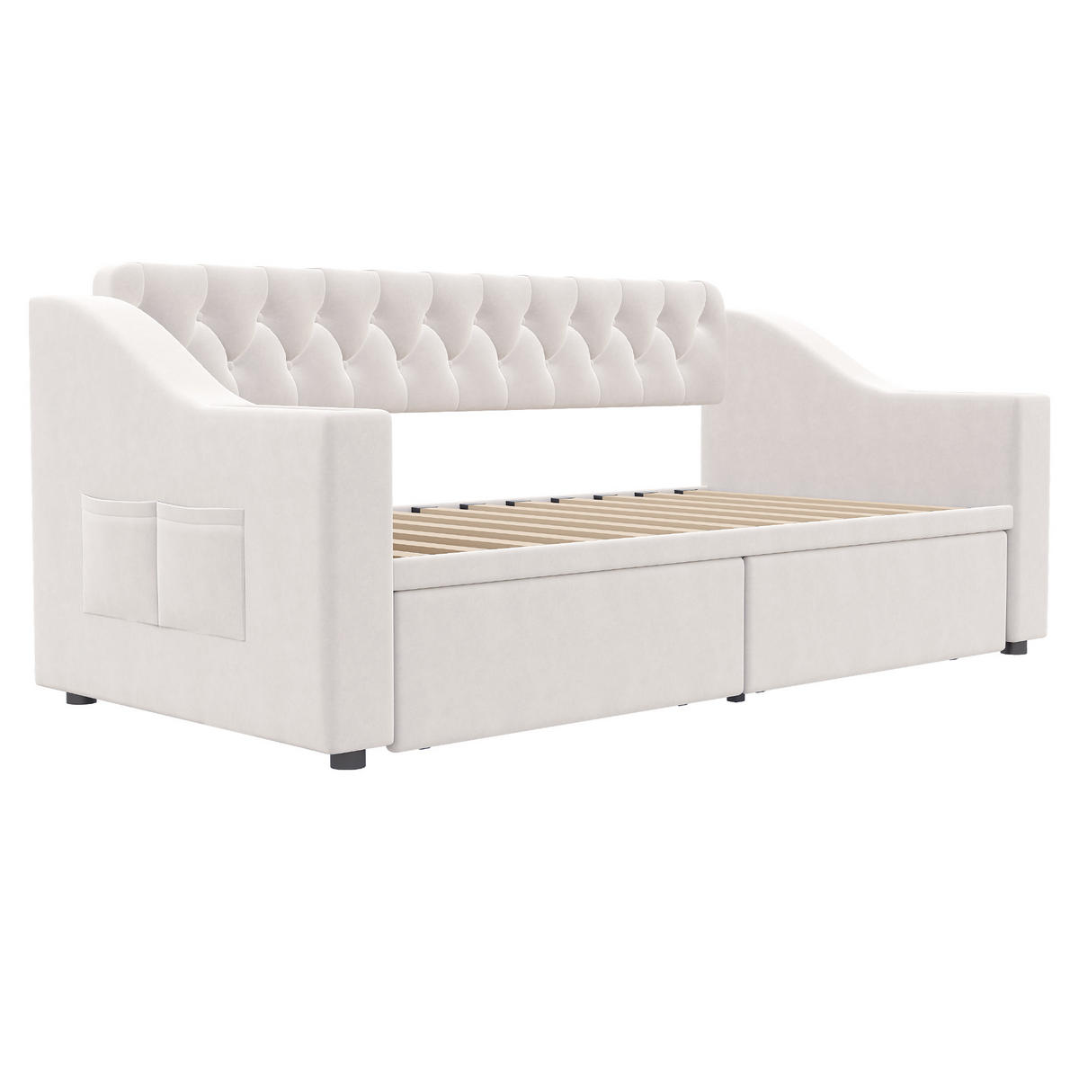 POLSTERBETT 90/190 cm Beige mit Stauraum und mit USB- und Type-C-Anschlüssen aus Samt - Beige, Textil (90/190cm) - OKWISH