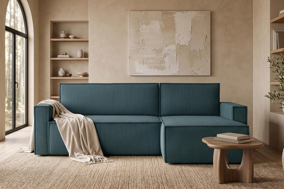 ECKSOFA-LINKS/RECHTS NAPI Schlaffunktion mit Cordbezug, Blau - Blau/Schwarz, Textil (246/148cm) - KONSIMO®