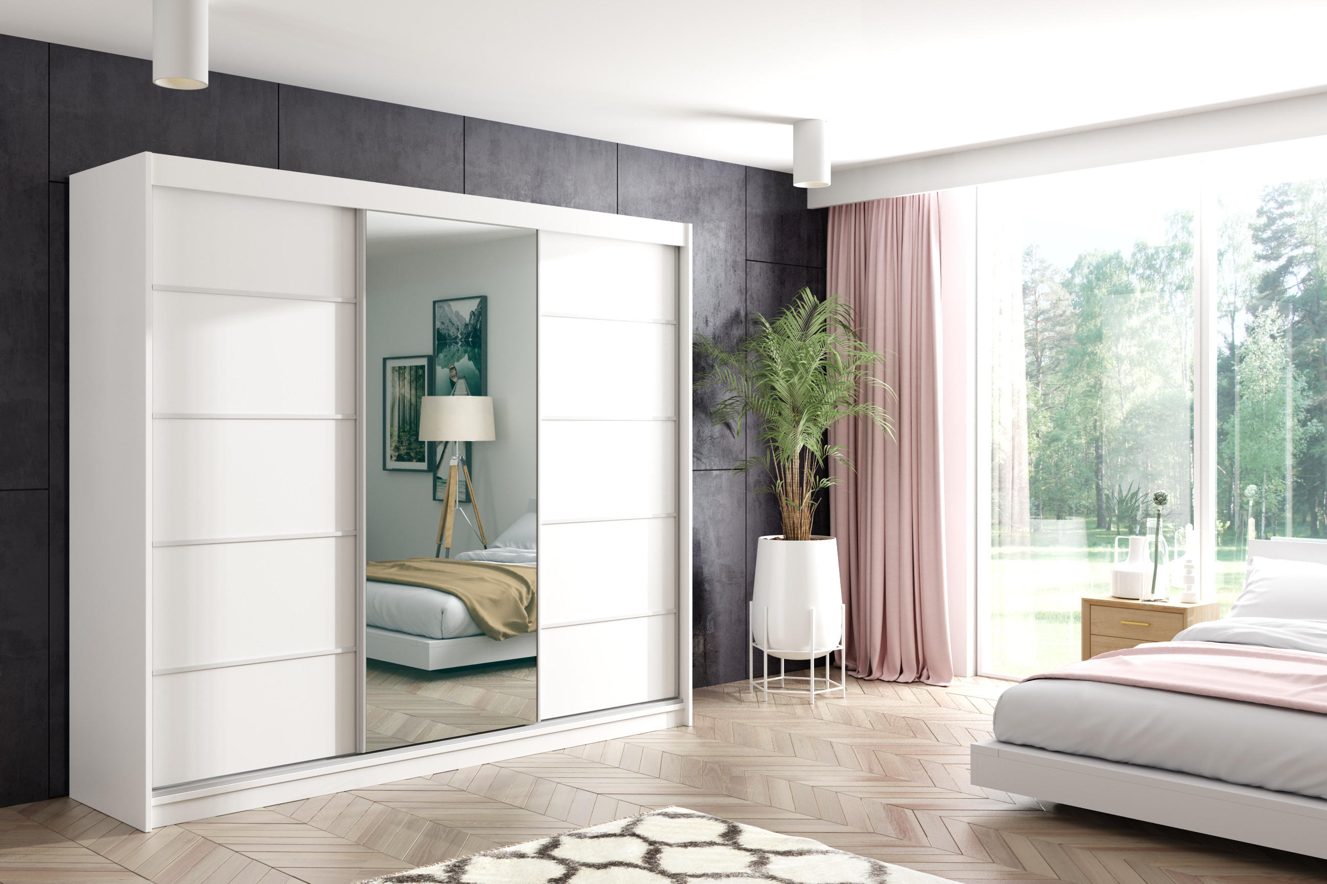 KLEIDERSCHRANK mit Spiegel-Schiebetüren und Aluminium-Leisten, LED-Beleuchtung - MAKI - 240 cm Weiß - Weiß, Holzwerkstoff (240/216/61cm) - ALTDECOR