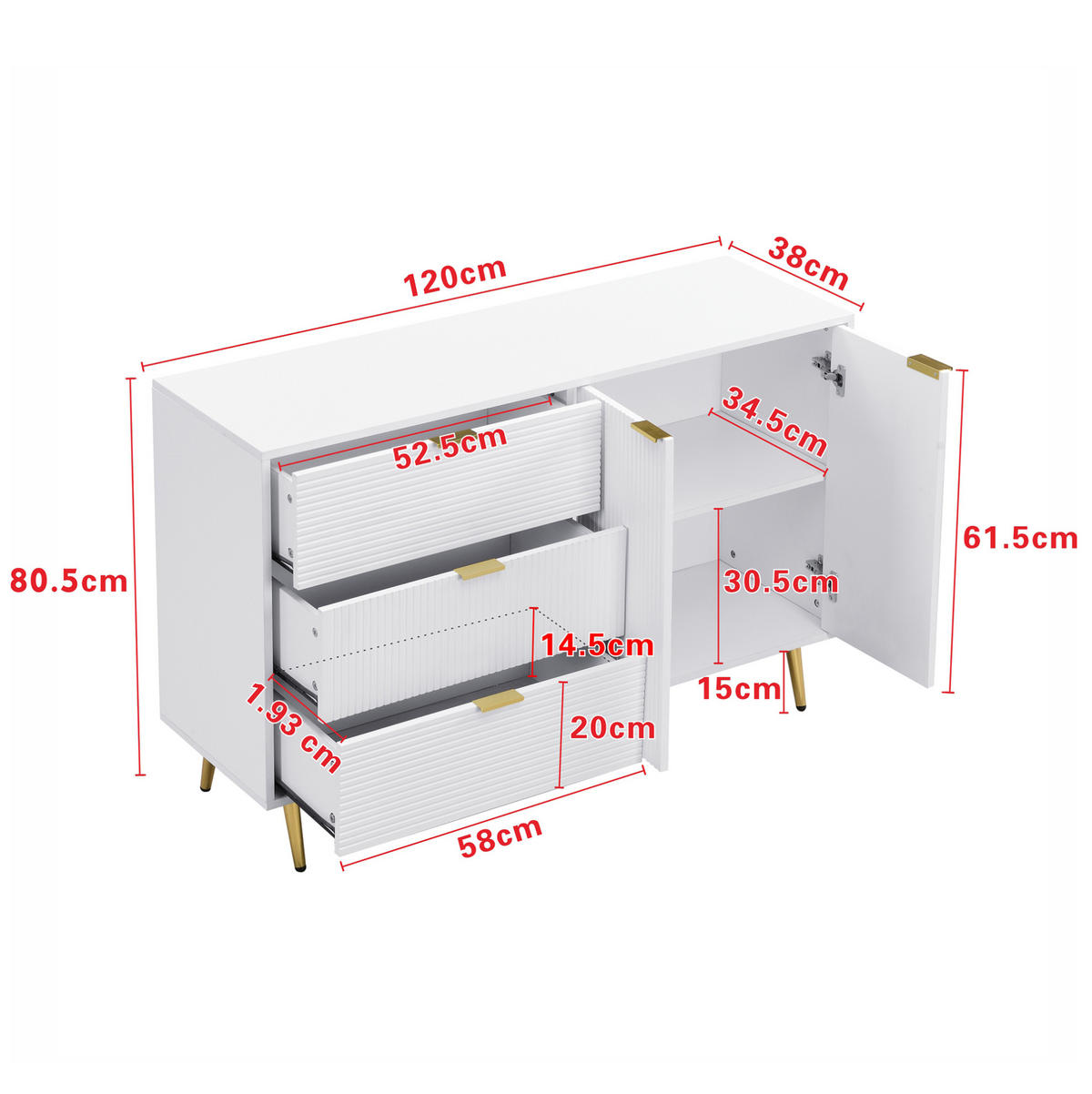 KOMMODE aus MDF 120x38x80,5cm in Weiß mit 3 Schubladen - Weiß, Holzwerkstoff (120/80.5/38cm) - Modfu