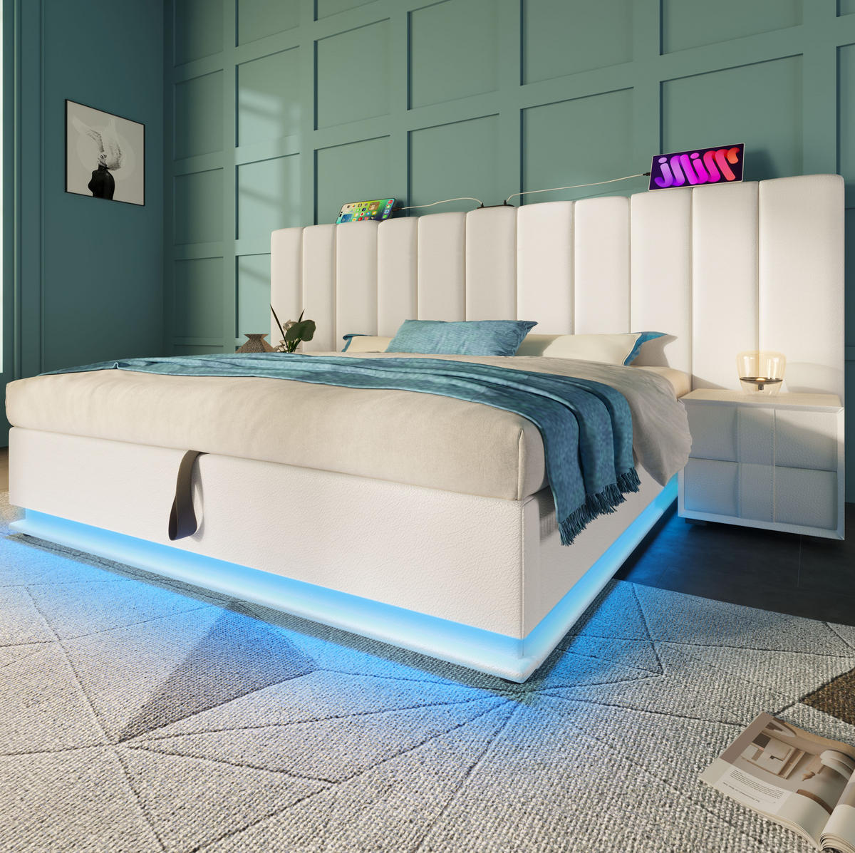 BETT mit Stauraum, LED und Ladefunktion 180x200 cm PU Weiß - Weiß, Metall (180/200cm) - Meubliv