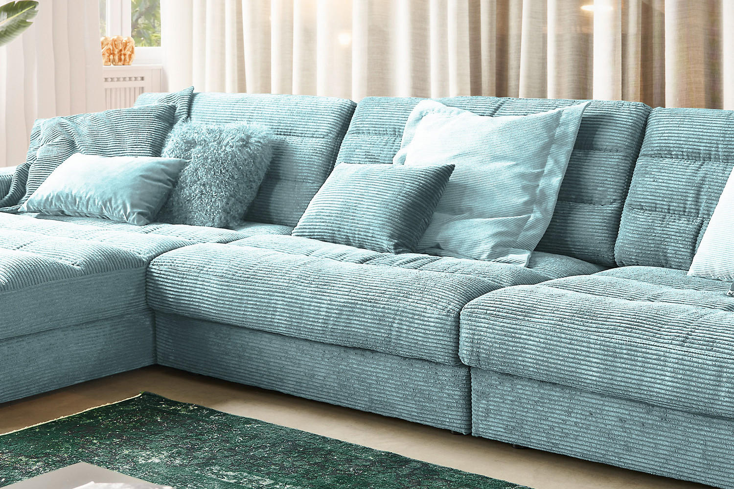 Thumbnail - Kawola Ecksofa, Hellblau, Textil, Echtholz, 4-Sitzer, Füllung: Kaltschaum, Ottomane links, L-Form, 416x205 cm, Wohnzimme...