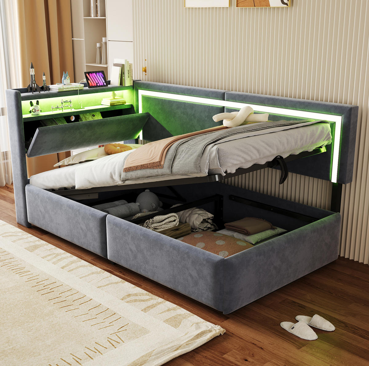 ČALÚNENÁ posteľ 90x200 cm zo zamatu sivá s LED osvetlením, USB portom a hydraulickým úložným priestorom - sivá, textil (90/200cm) - Modfu