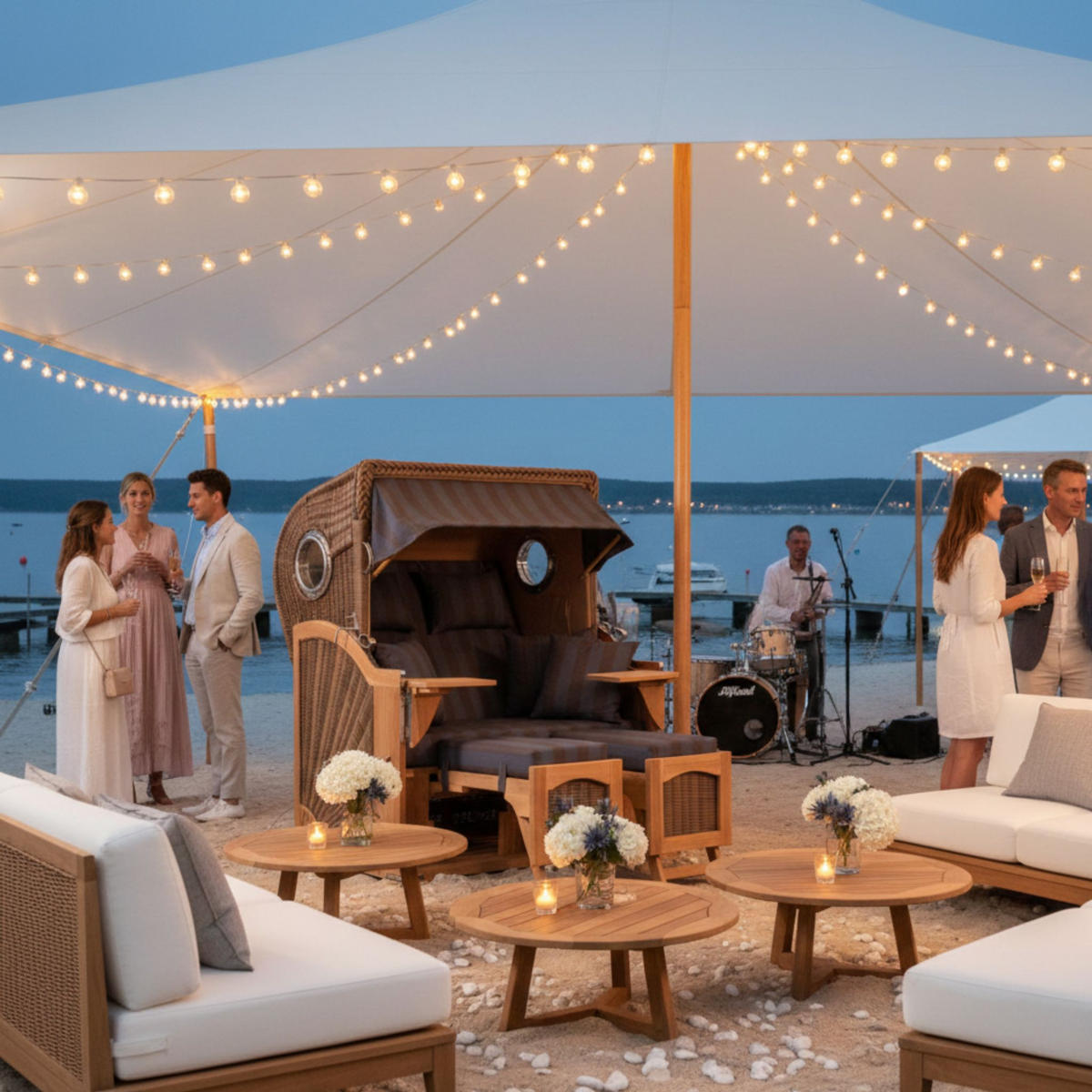 STRANDKORB Düne 2 Sitzer Teak PE Grey - Blaugrau/Braun, Holz/Metall (125/170/80cm) - Mr. Deko