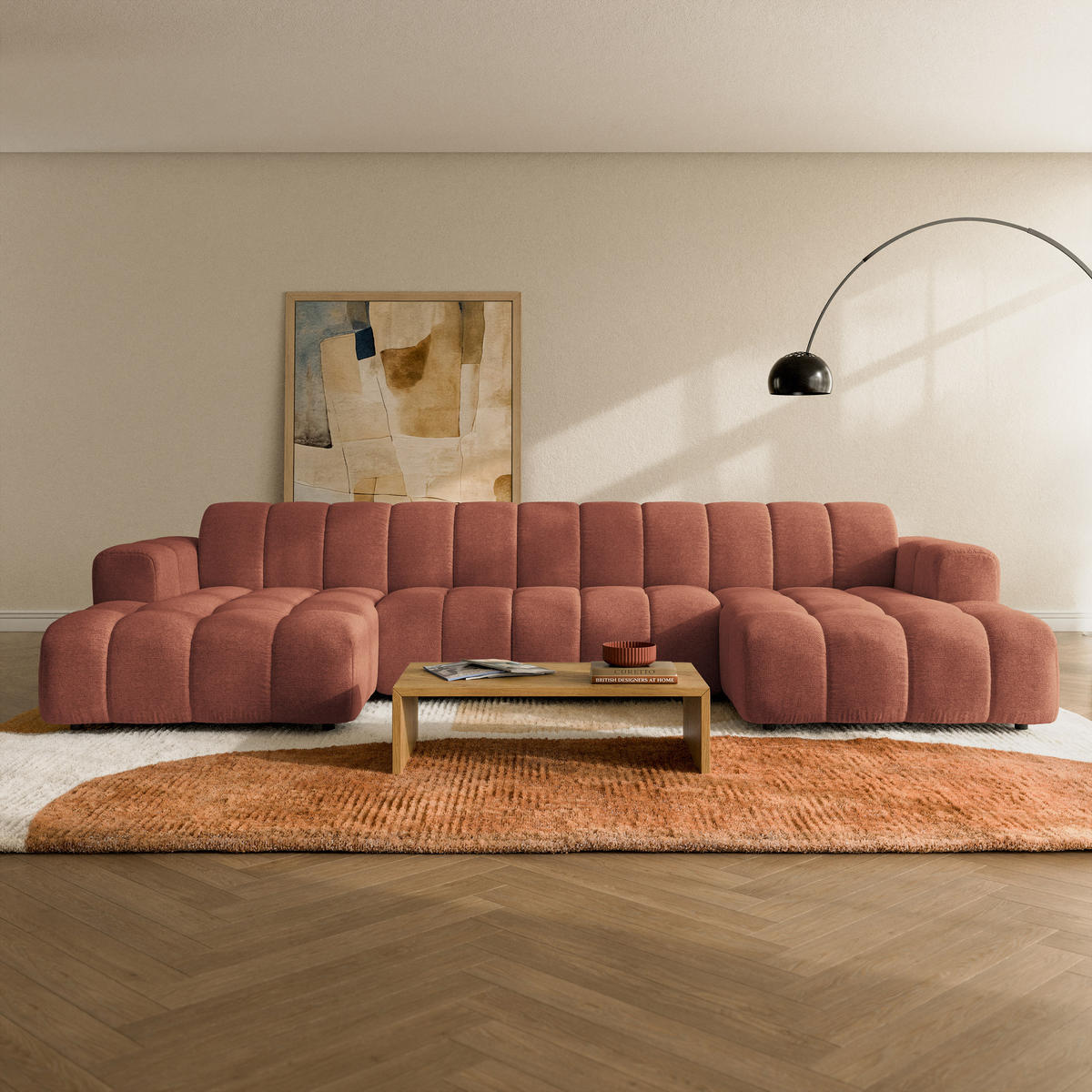 WOHNLANDSCHAFT AENIS Orange Strukturstoff - Orange, Holz (398/85/165cm) - MASSENO