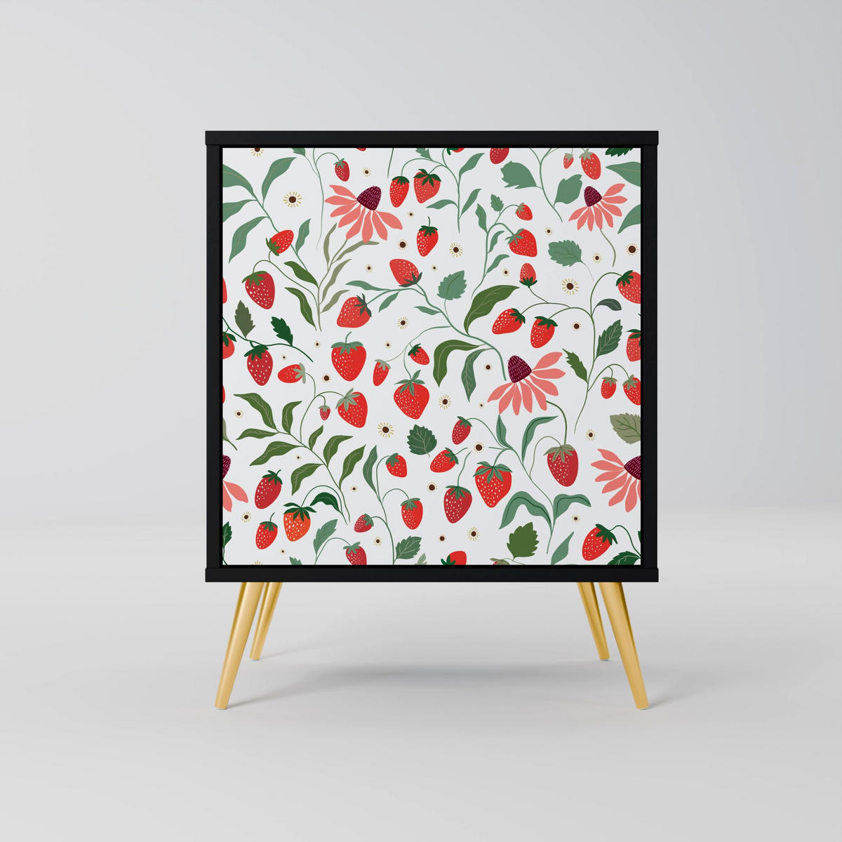 SIDEBOARD FLOWERS AND STRAWBERRIES, Schwarz, 57,5x42x75,5 cm, Goldfarbene Metallfüße - Goldfarben/Multicolor, Holzwerkstoff/Metall (57.5/75.5/42cm) - SpaceRebels
