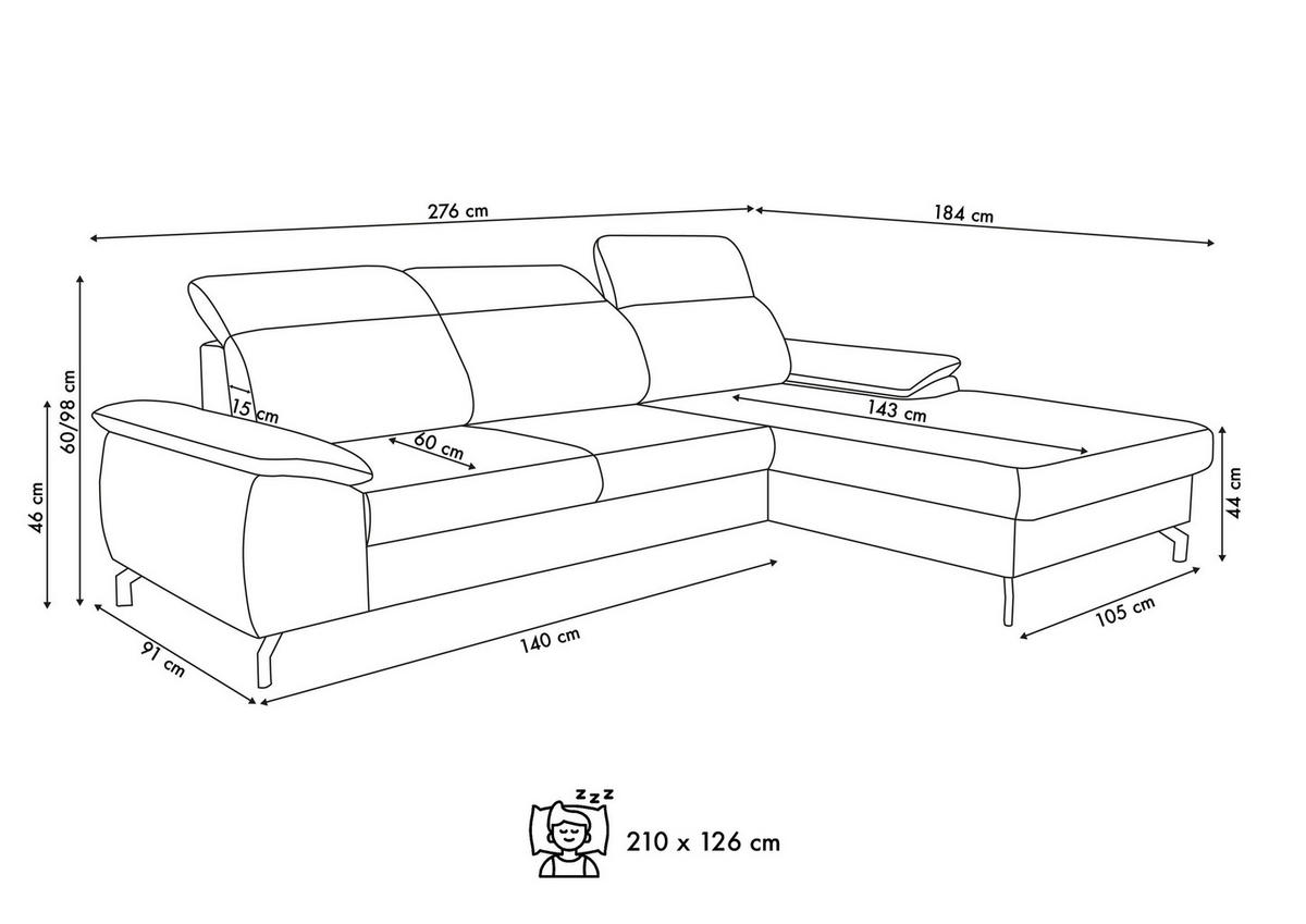 ECKSOFA MALIBU mit Schlaffunktion und Bettkasten, Farbe: Beige, Velourstoff, Ottomane Links - Beige, Textil (276/184cm) - VENASI MÖBEL