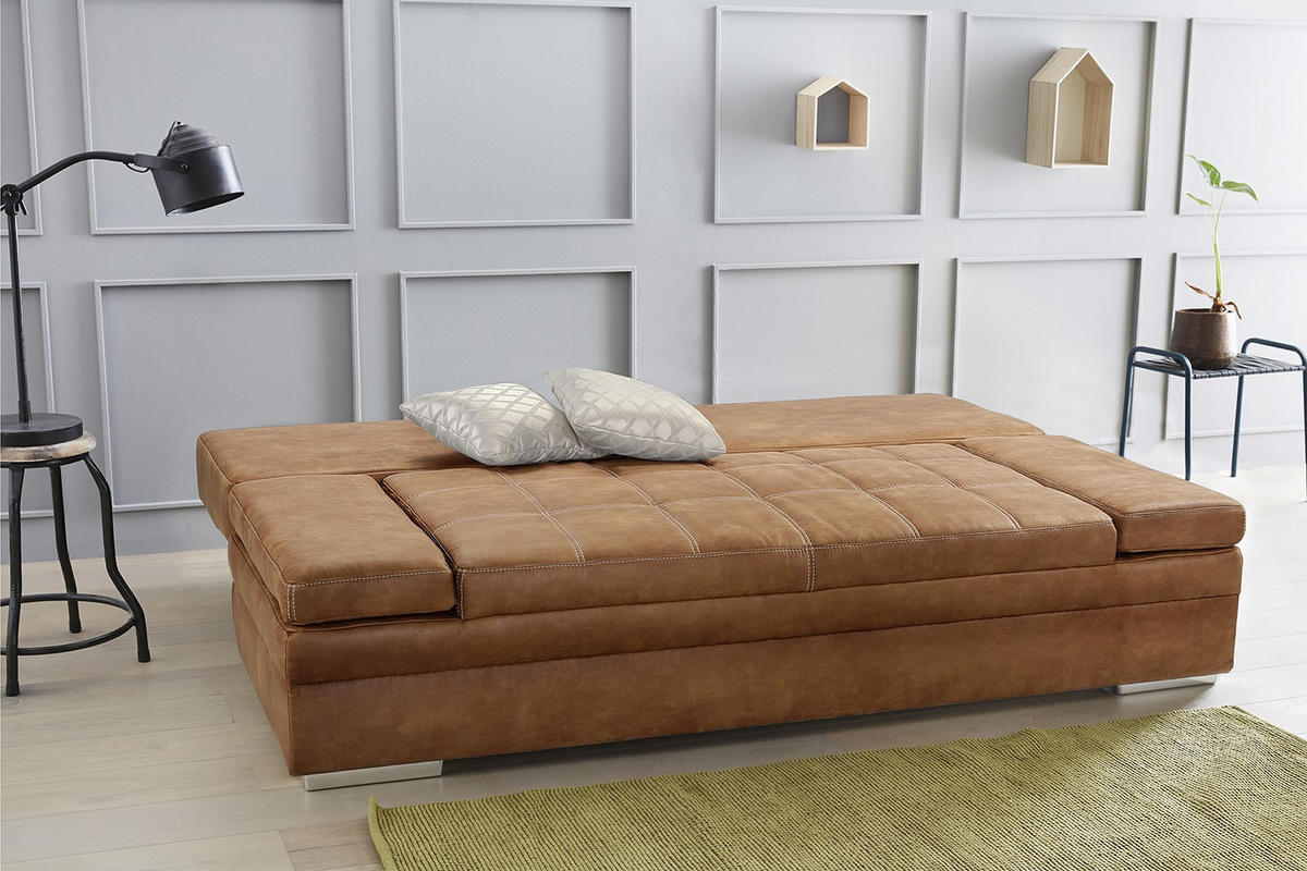 SCHLAFSOFA mit Bettkasten, Wellenfederung, Armlehnen verstellbar B200/T100/H84 cm, Liegefl.148x200 cm, Antikleder-Optik Mikrofaser Braun Curry / 15117 - Currygelb/Chromfarben, Textil/Metall (200/84/100cm) - luma-home