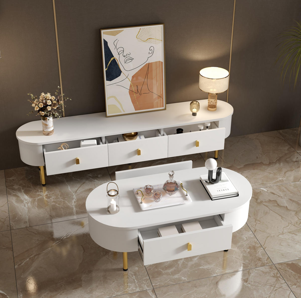LOWBOARD-SET in Weiß: TV-Schrank 174/35/41 cm & Couchtisch 108/50/40 cm mit Schubladen - Weiß, Holzwerkstoff (174/41/35cm) - Flora Grace