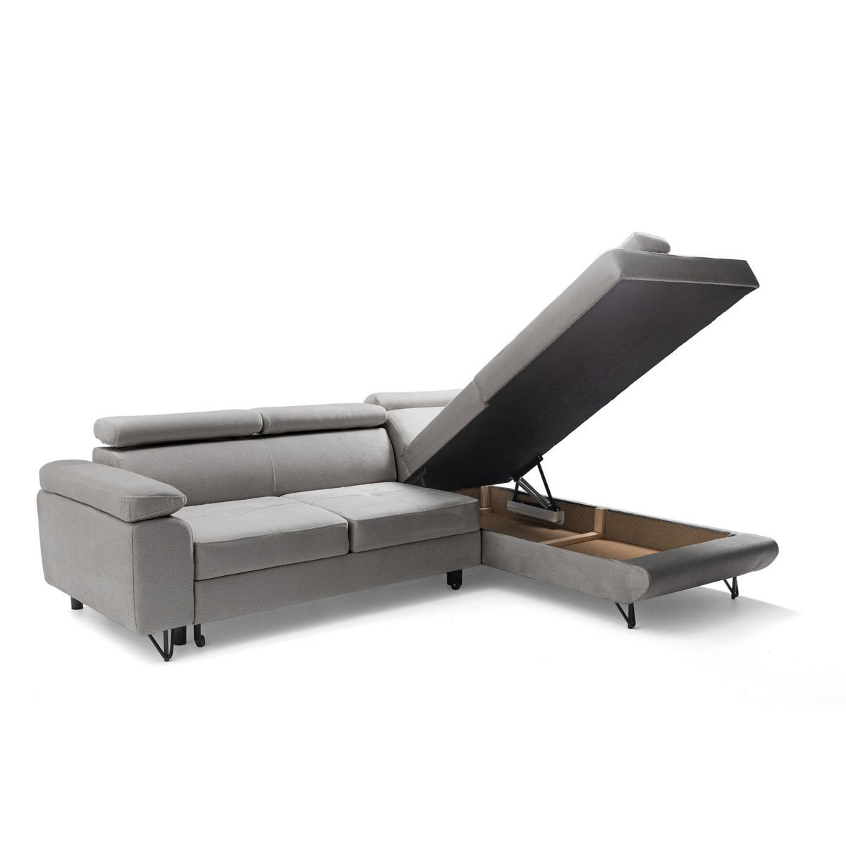 ECKSOFA JUNIOR L Rechts mit Schlaffunktion 194x128 Velours Hellgrau - Hellgrau/Schwarz, Holz/Textil (184/249cm) - Muffo