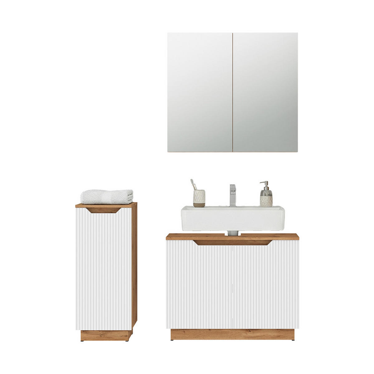 BADMÖBEL-SET Lotta Eiche/weiß gestreift 3 Teile - Eichefarben/Weiß, Holzwerkstoff (79.6/62.1/32cm) - Vicco