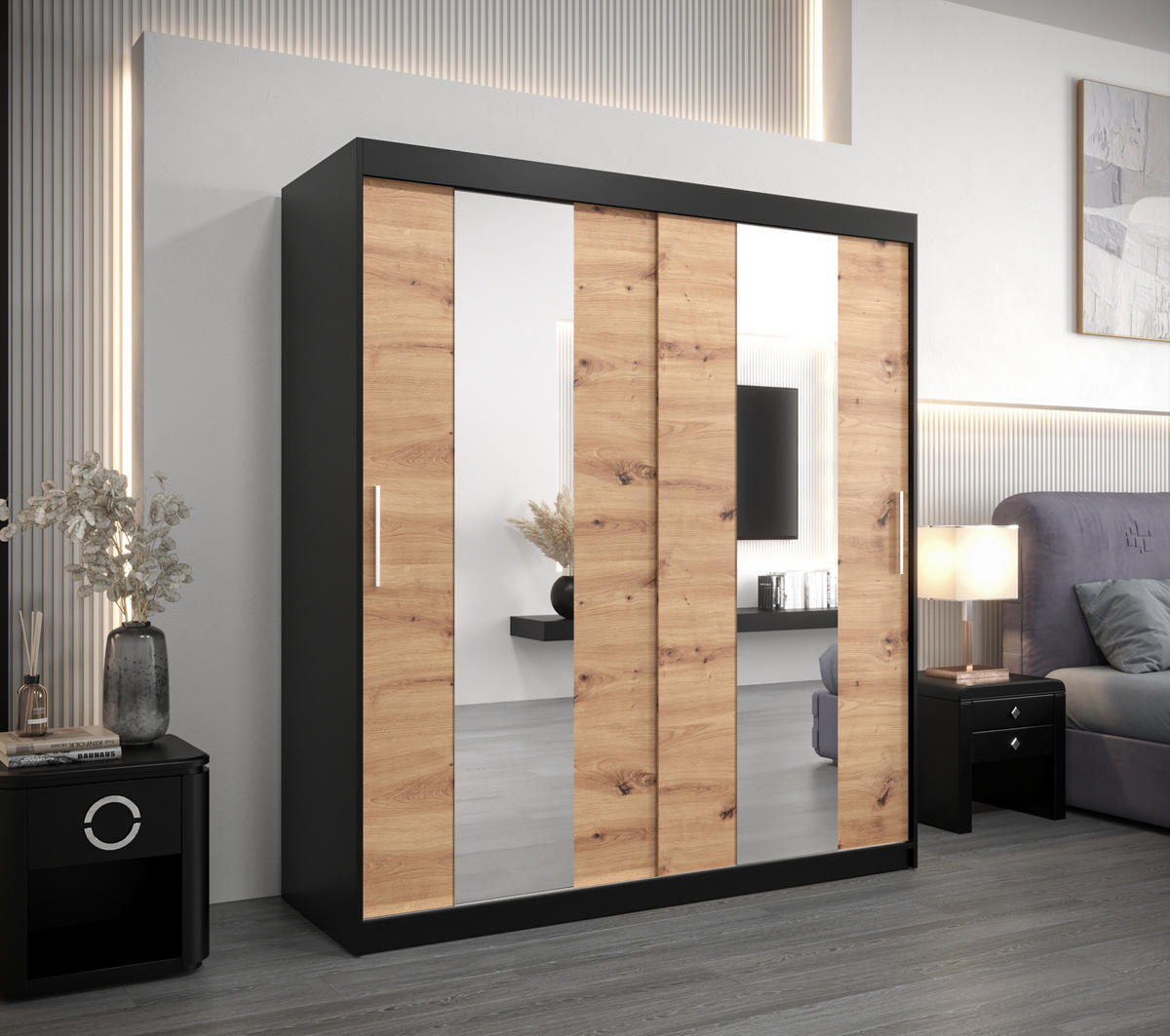SCHWEBETÜRENSCHRANK 200/180/62 2-türig - Silberfarben/Schwarz, Holz/Kunststoff (180/200/62cm) - Abiks Möbel