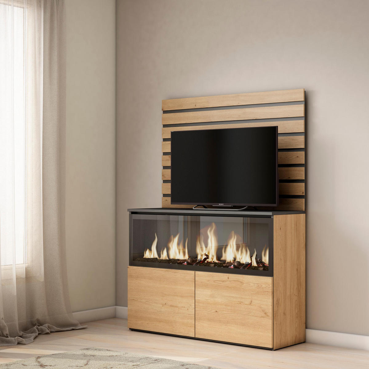 SIDEBOARD KOMMODE, Elektrokamin XXL, eiche, 107/35/145cm - Eichefarben, Holzwerkstoff (107/145/35cm) - Skraut Home