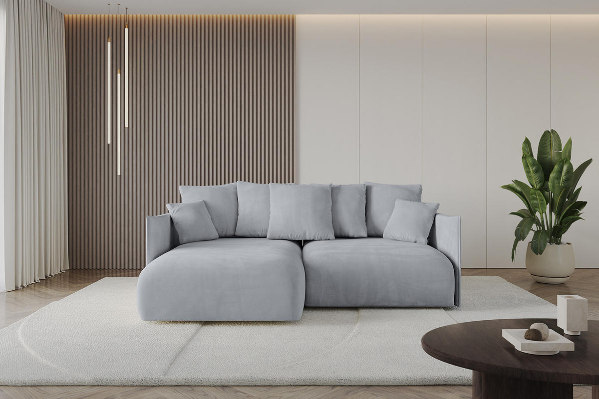 ECKSOFA mit Schlaffunktion und Bettkasten ONESK-L 208x165x40 Hellgrau Velours - Hellgrau, Holzwerkstoff/Kunststoff (208/165cm) - ALTDECOR