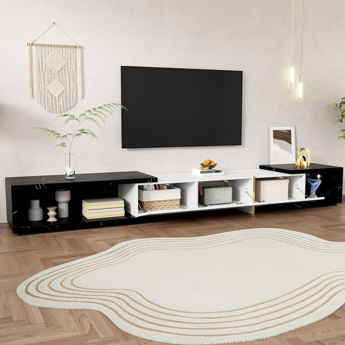 LOWBOARD 140-260/40/30 cm aus MDF und Holzwerkstoff mit dreh- und ausziehbarer Funktion Schwarz-Weiß - Weiß, Holzwerkstoff (260/30/40cm) - Modenvie