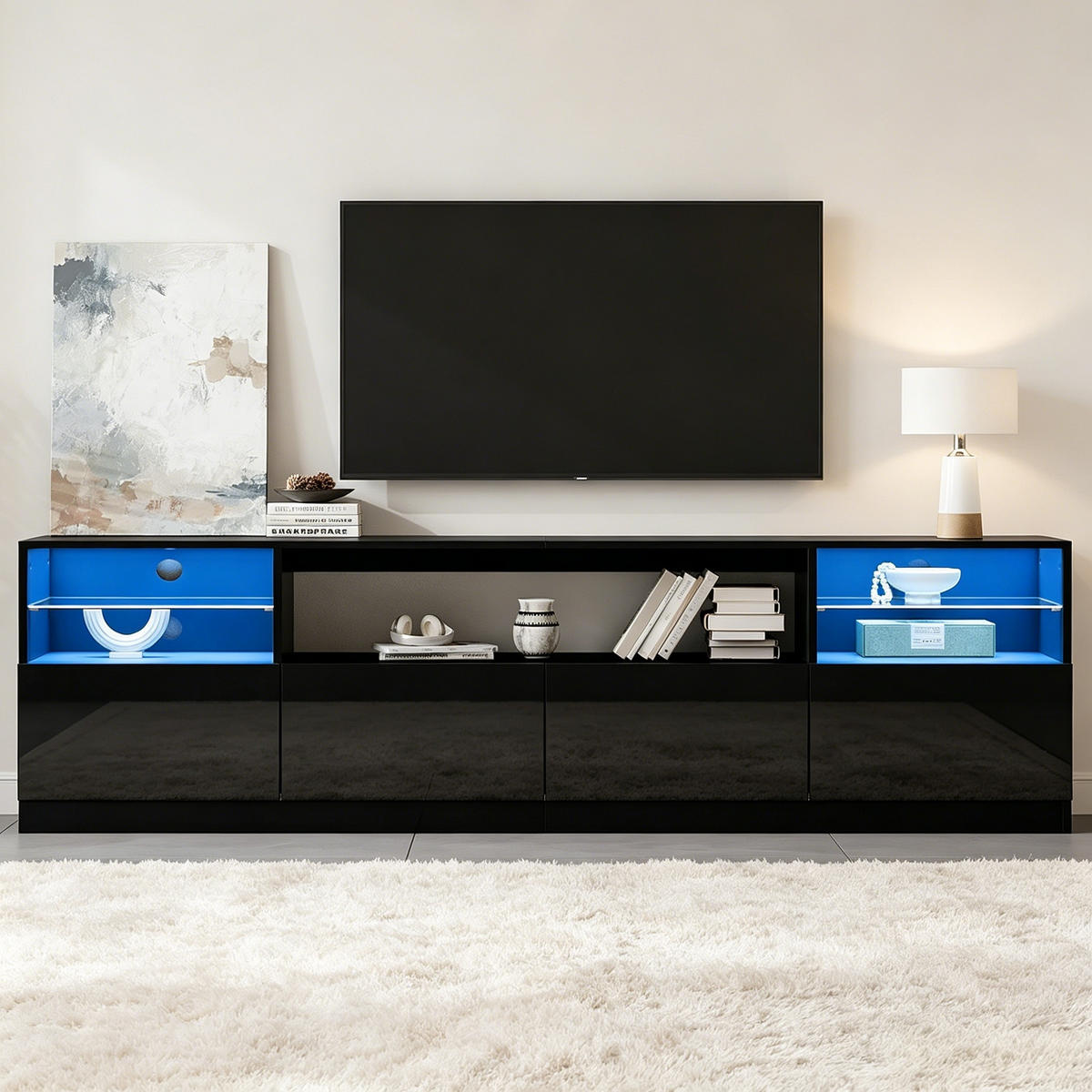 TV-SCHRANK LED Schwarz Hochglanz 4 Türen 8 Fächer 75 Zoll 180cm - Schwarz, Holzwerkstoff (180/60/35cm) - FLIEKS