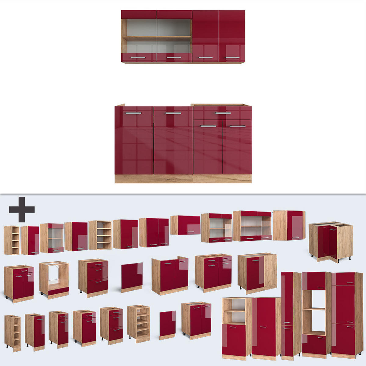 SINGLEKÜCHE R-Line Rot Hochglanz/Goldkraft Eiche 140 cm ohne Arbeitsplatte - Honigeiche/Rot, Holzwerkstoff (140/81.6/46cm) - Vicco