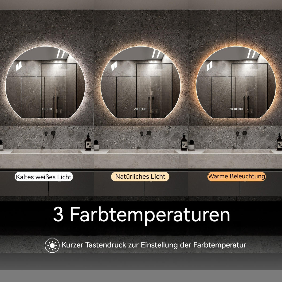 LED Badezimmerspiegel 80x72x2.5cm Silber, dimmbar mit 3 Lichtfarben, Entspiegelung & Smart-Display - Silberfarben, Glas (2.5/80/72cm) - Modfu