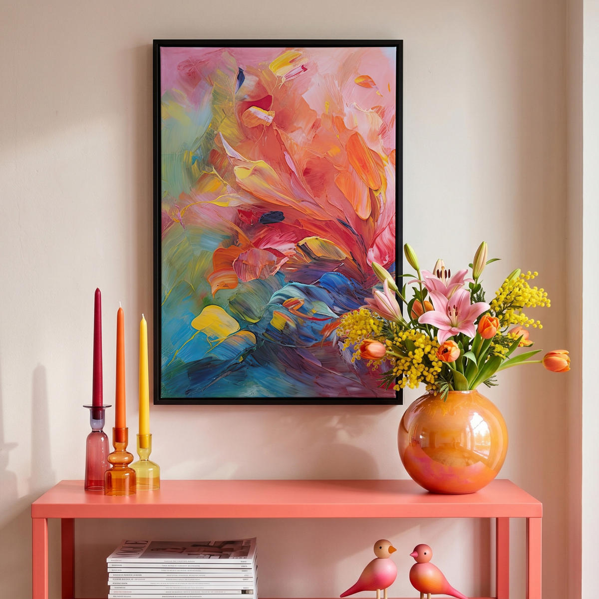 LEINWAND Bilder mit Rahmen - Ölgemälde - Kunst - Abstrakt - Farbenfroh - 40x60 - Altrosa, Textil (40/60cm) - MuchoWow