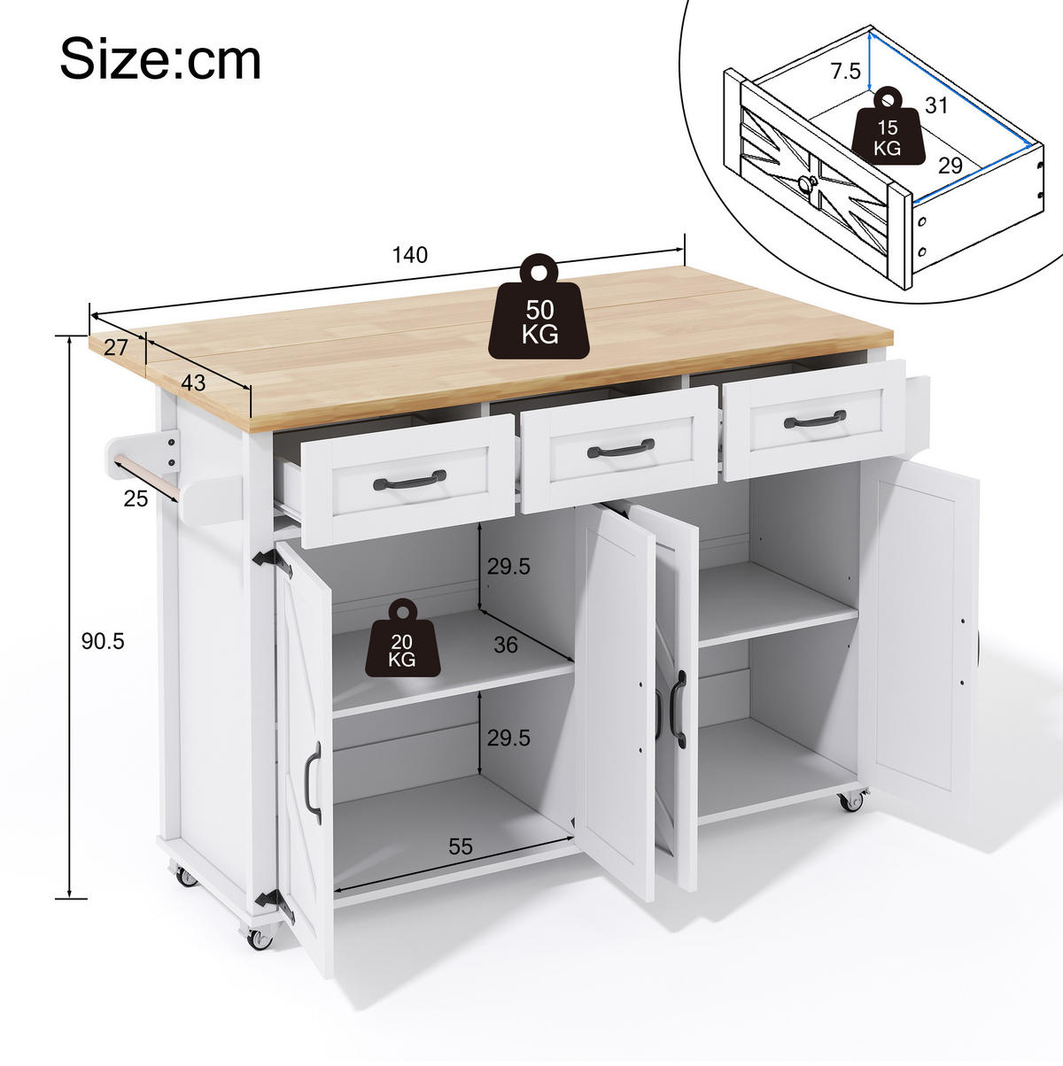 KÜCHENINSEL 140/90,5/43(70) cm Weiß/Natur aus MDF mit klappbarer Arbeitsplatte - Weiß, Holzwerkstoff (70/90.5/140cm) - OKMYHOME