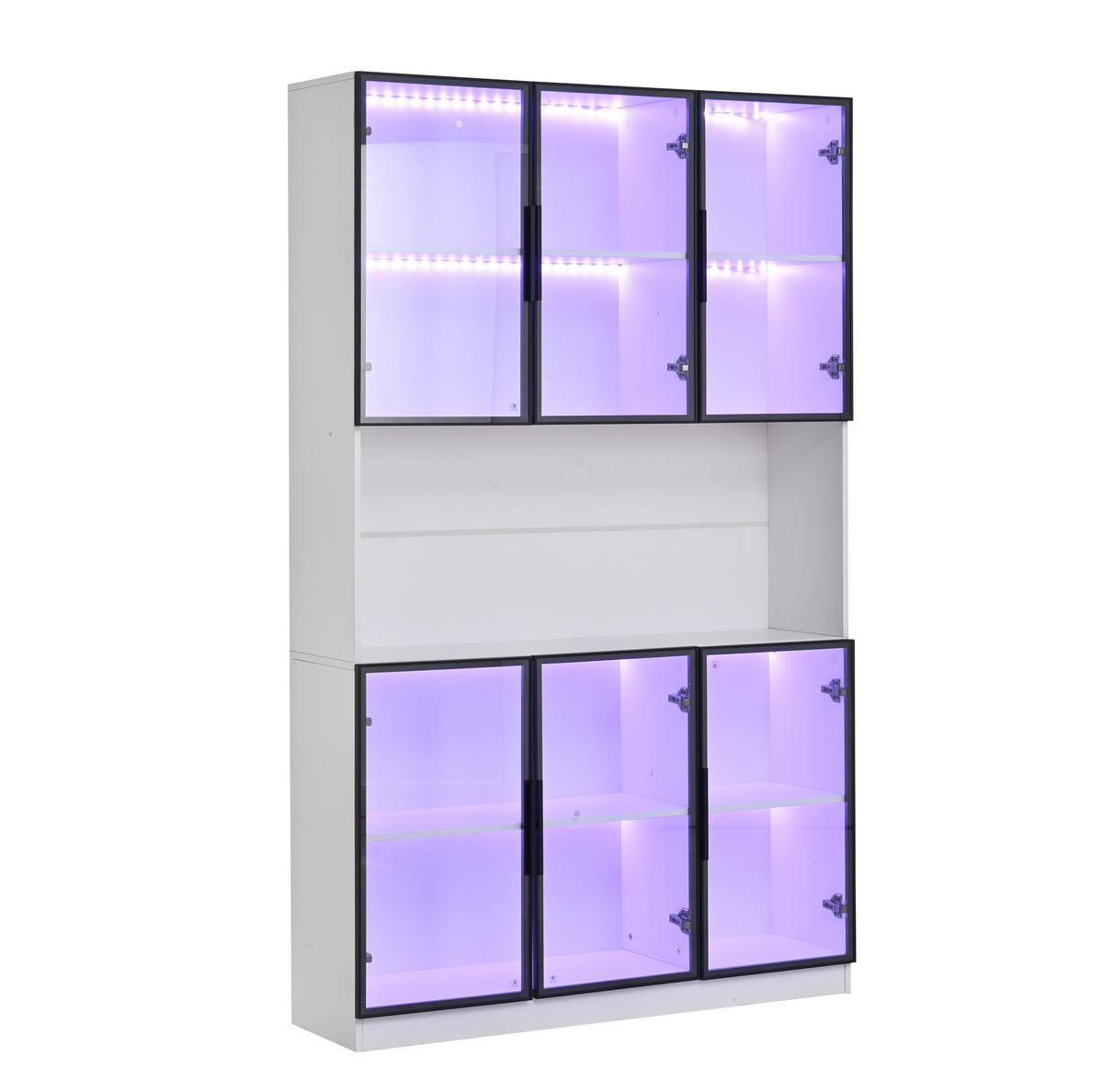VITRINA od MDF-a i stakla 120x34x200 cm bijela sa 6 vrata, LED rasvjetom na upravljanje putem aplikacije i soft-close šarkama - bijela, drvni materijal (120/200/34cm) - Modfu