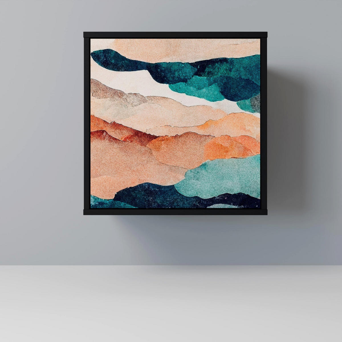 SIDEBOARD ABSTRACT LANDSCAPE, Schwarz, 57,5x42x72,5 cm, Schwarze Metallfüße - Multicolor/Schwarz, Holzwerkstoff/Metall (57.5/72.5/42cm) - SpaceRebels