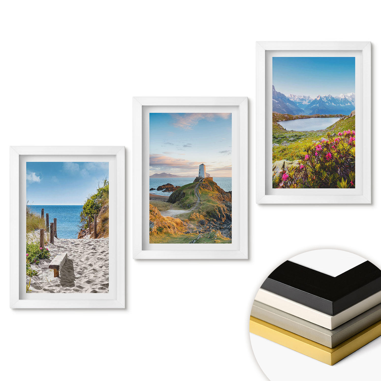 WANDBILDER 3er-Set - 20x30 cm Weißer Rahmen - Strand, Leuchtturm, Berge, Blumen - Weiß, Kunststoff (20/30cm) - ArtPrintCave