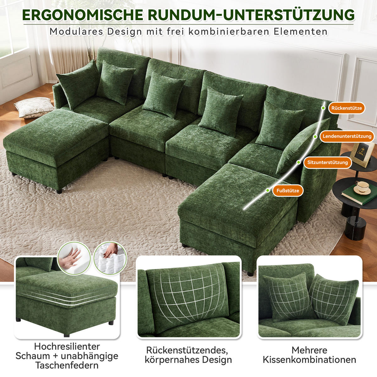 WOHNLANDSCHAFT 278/161/81 cm Green mit 2 Fußhocker - Grün, Textil (278/81/161cm) - Oxeza