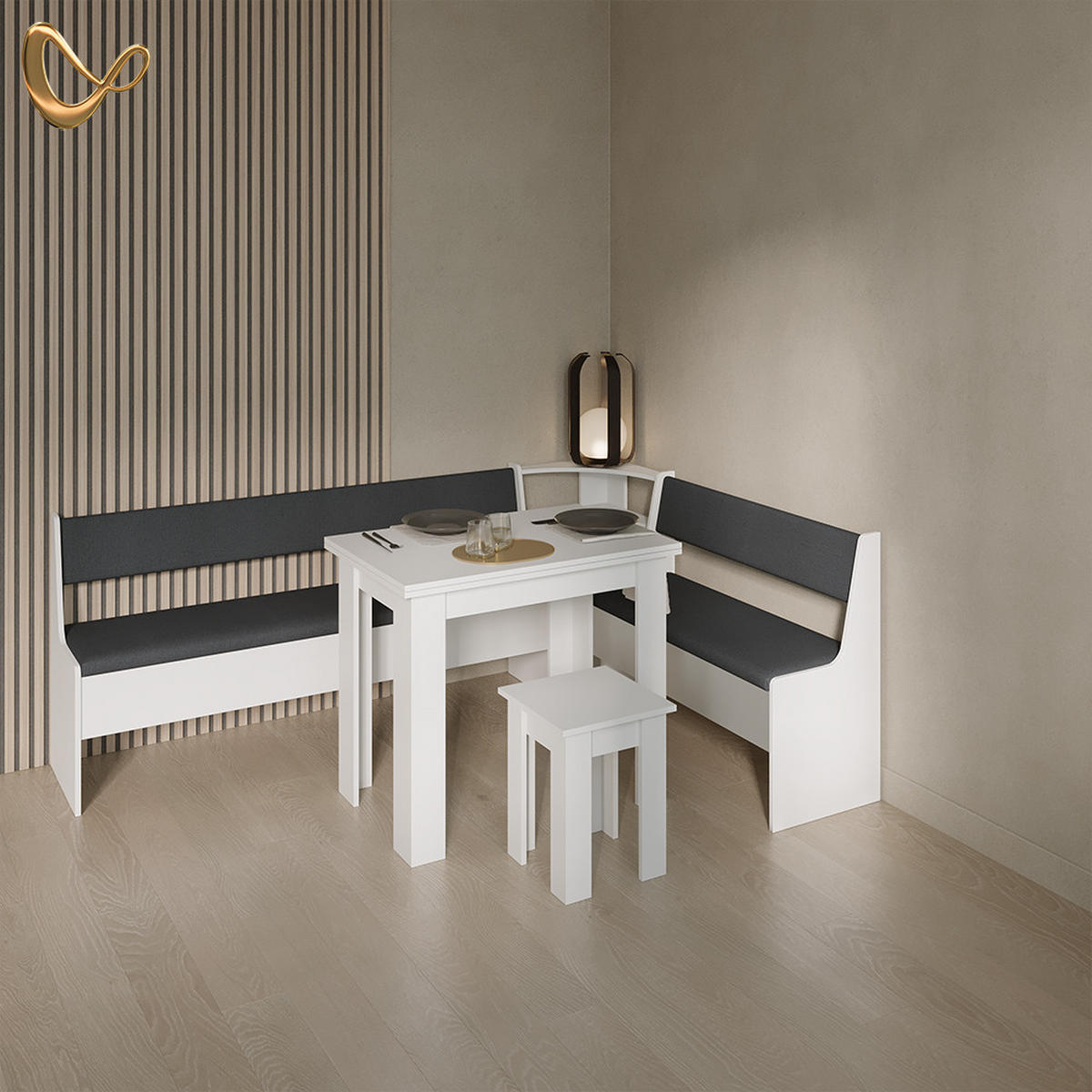 ECKBANKGRUPPE Tiberio Weiß 210 x 150 cm mit Tisch - Weiß, Holzwerkstoff (210/80/150cm) - Livinity®