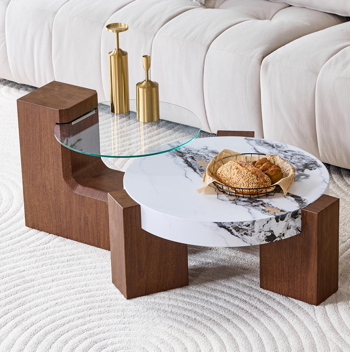COUCHTISCH rund 61/44 cm in Nussbaumoptik/Weiß aus MDF und Sicherheitsglas mit Stauraum - Nussbaumfarben, Holzwerkstoff (61/61/30cm) - OKMYHOME