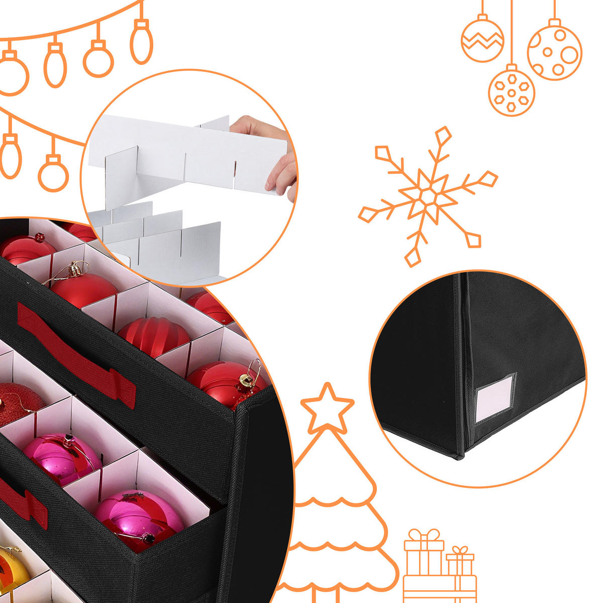 WEIHNACHTSKUGEL-AUFBEWAHRUNGSBOX - Schwarz, Wellpappe/Textil (36.5/40/36.5cm) - Relaxdays