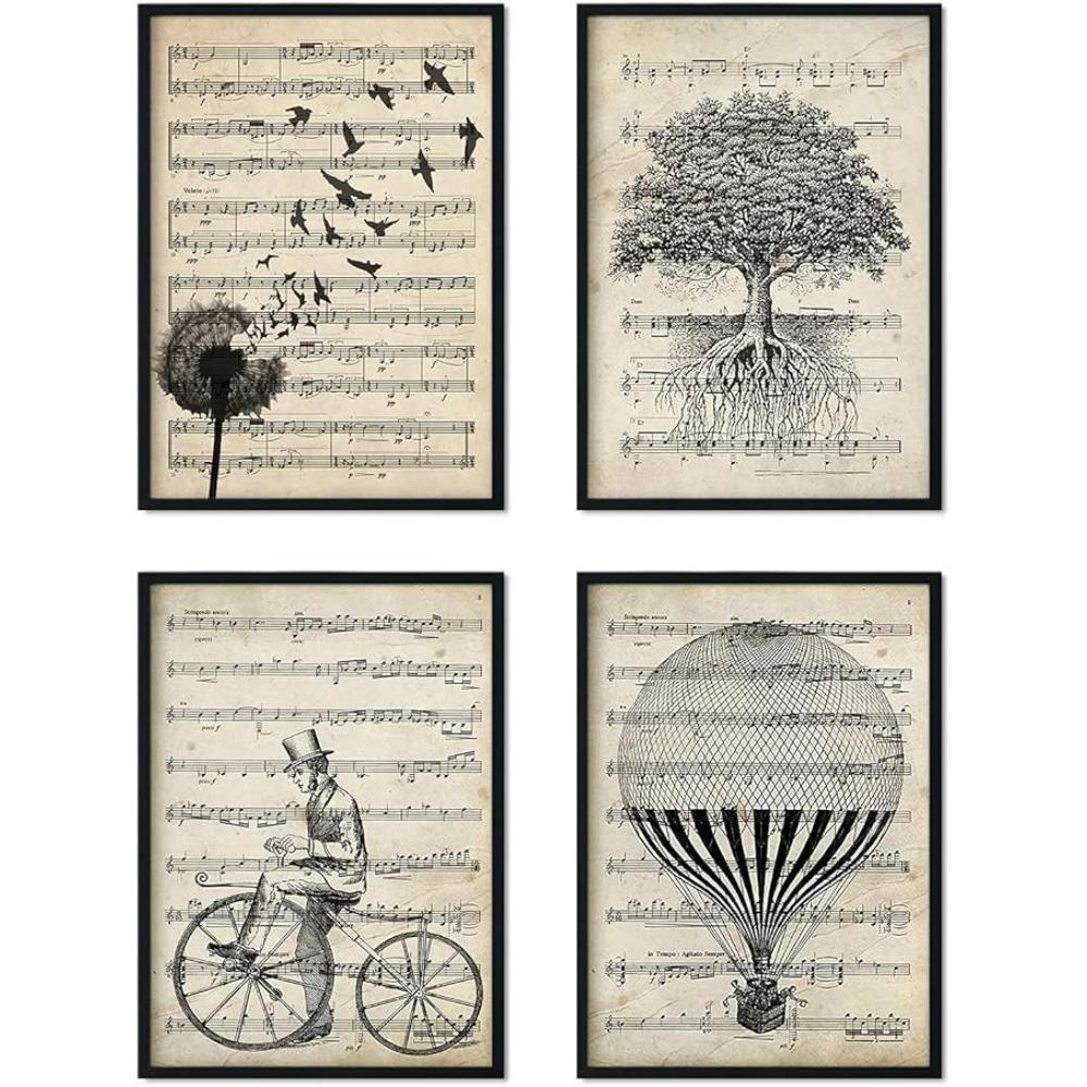 POSTER Set mit 4 Notenblatt A4 Schwarzer Rahmen - Schwarz, Papier (29.7/3cm) - Nacnic