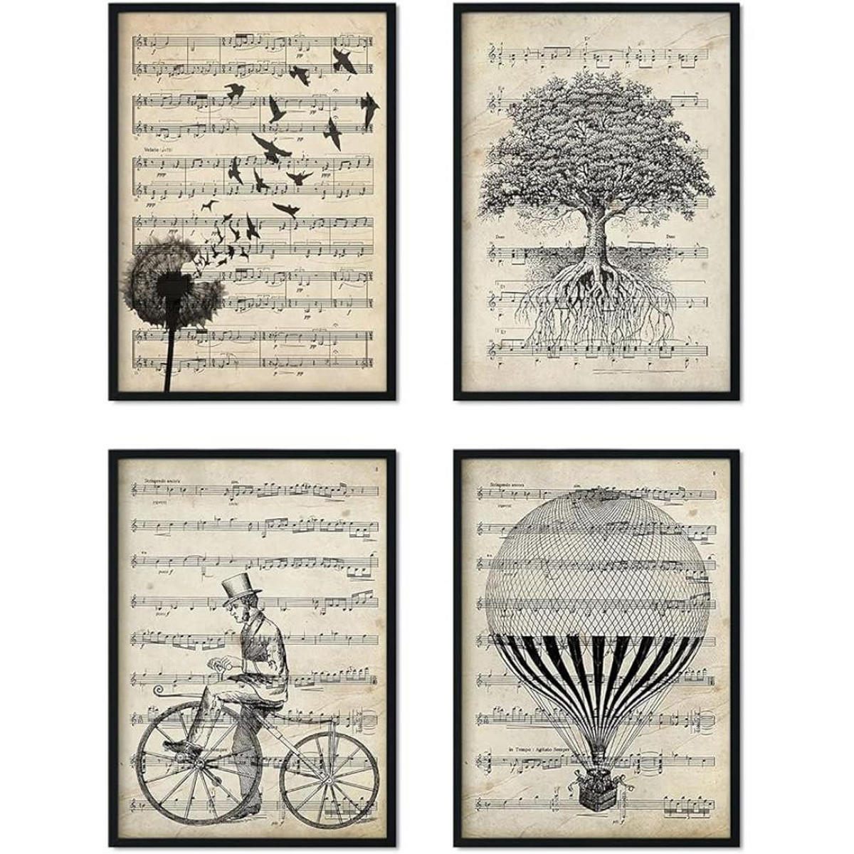 POSTER Set mit 4 Notenblatt A4 Schwarzer Rahmen - Schwarz, Papier (29.7/3cm) - Nacnic