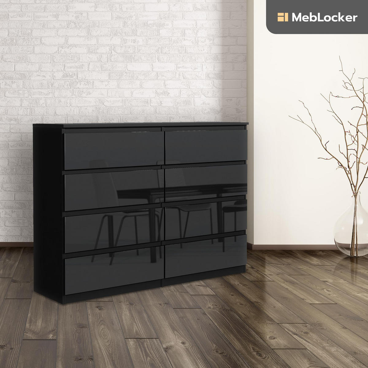 KOMMODE mit 8 Schubladen 140 cm Schwarz mit HochglanzFronte - Schwarz Hochglanz, Holzwerkstoff (138.5/101.5/39cm) - MebLocker