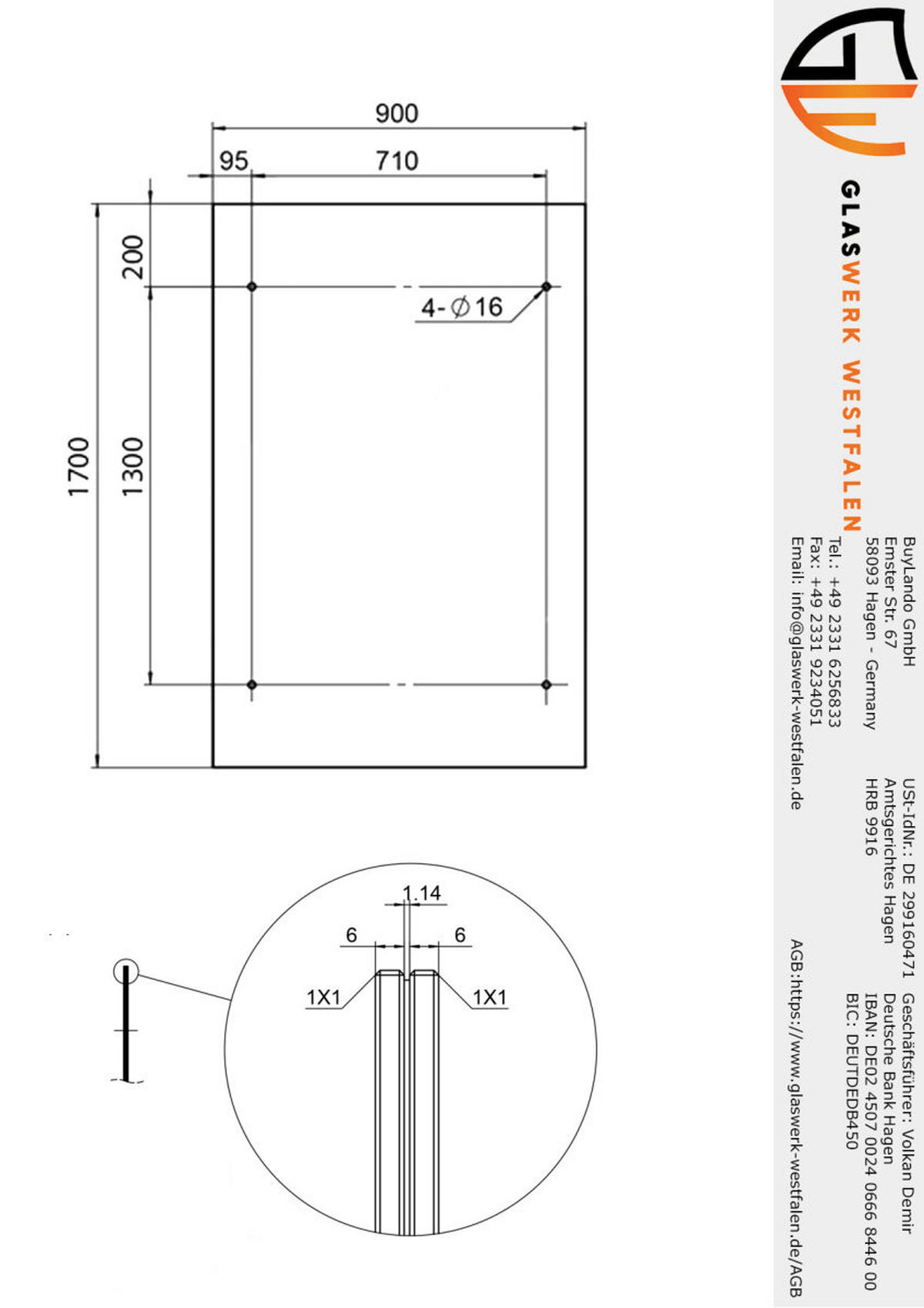 GLASVORDACH 170x90 cm Sicherheitsglas Edelstahl Klarglas Str-Schwarz - Transparent, Glas (170/1.31/90cm) -  Glaswerk Westfalen
