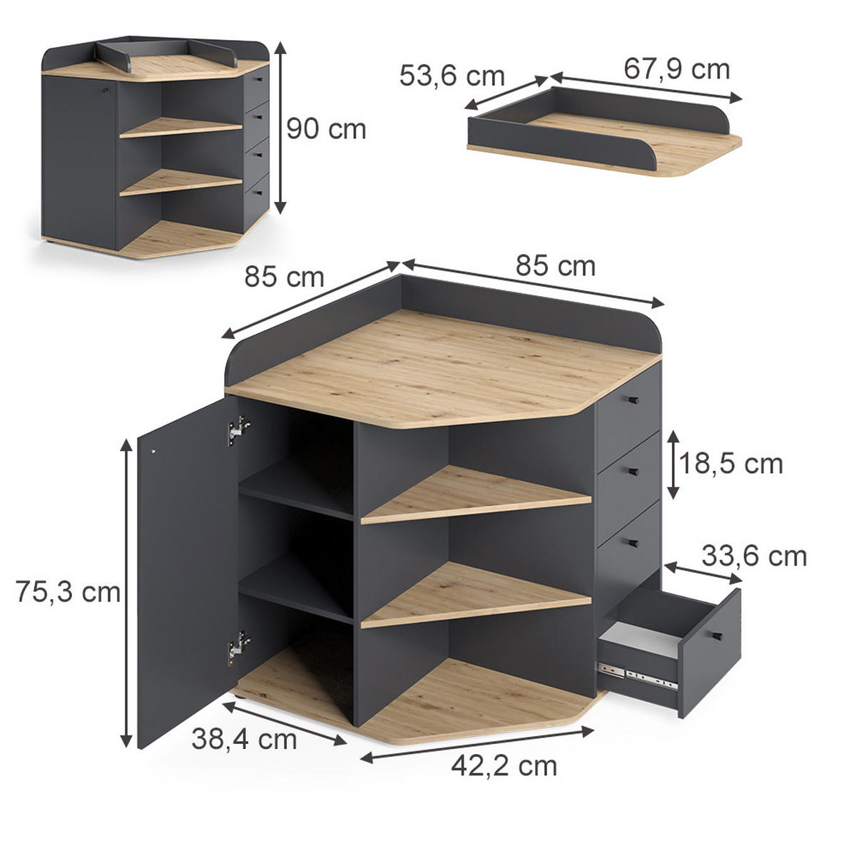 WICKELKOMMODE Aria Anthrazit 85 x 90 cm mit Regalen und 4 Schubladen - Anthrazit, Holzwerkstoff (85/90/85cm) - Vicco