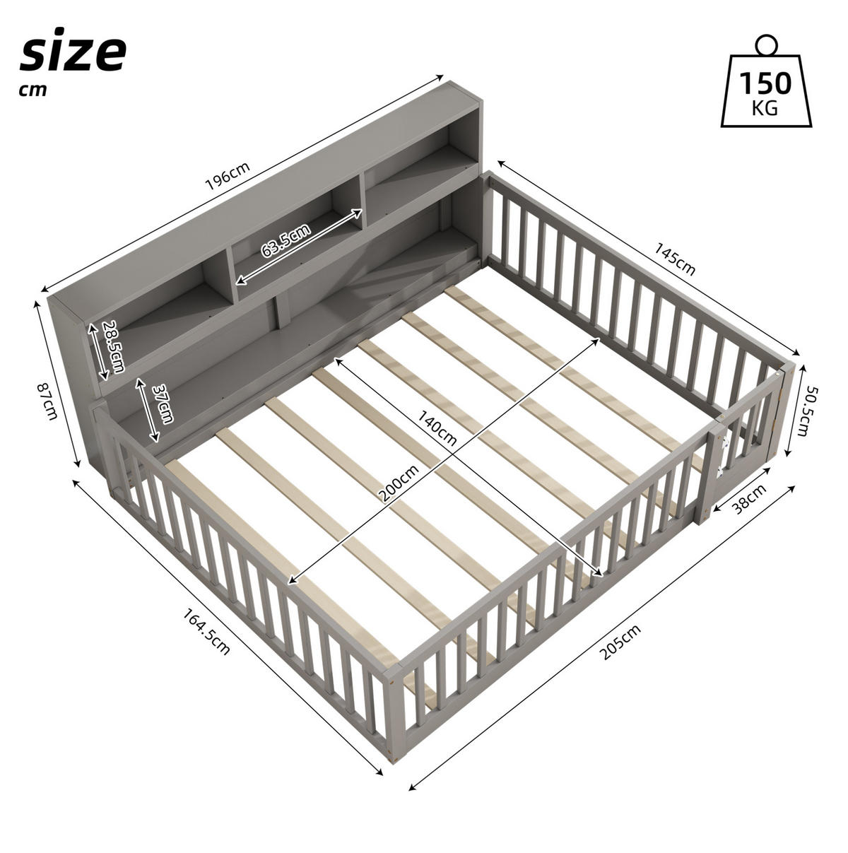 DAYBETT 140/200 cm, Grau mit Staufach und Lattenrost - Grau, Holzwerkstoff (140/200cm) - MIVRAY