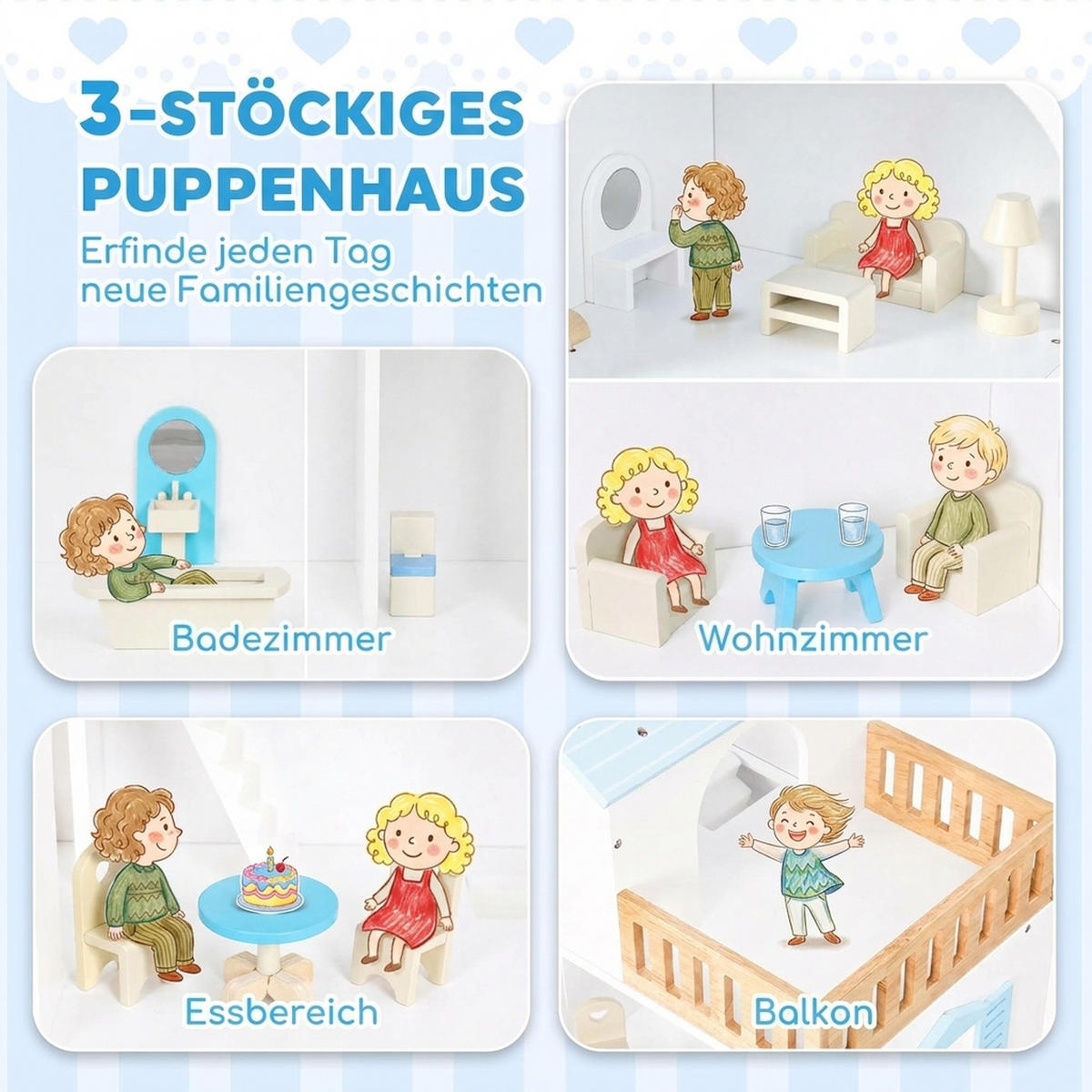 PUPPENHAUS MDF Kiefernholz Blau - Blau, Holzwerkstoff (29.5/79.5/63.5cm) - AIYAPLAY