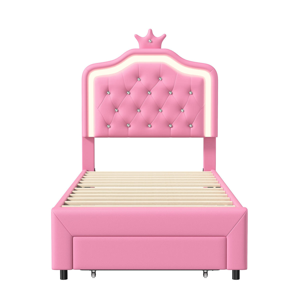 POLSTERBETT Princess Crown 90x200 cm mit höhenverstellbarem Kopfteil, PU, Lattenrost & LED-Beleuchtung, Rosa - Pink, Leder/Holz (90/200cm) - BursDany