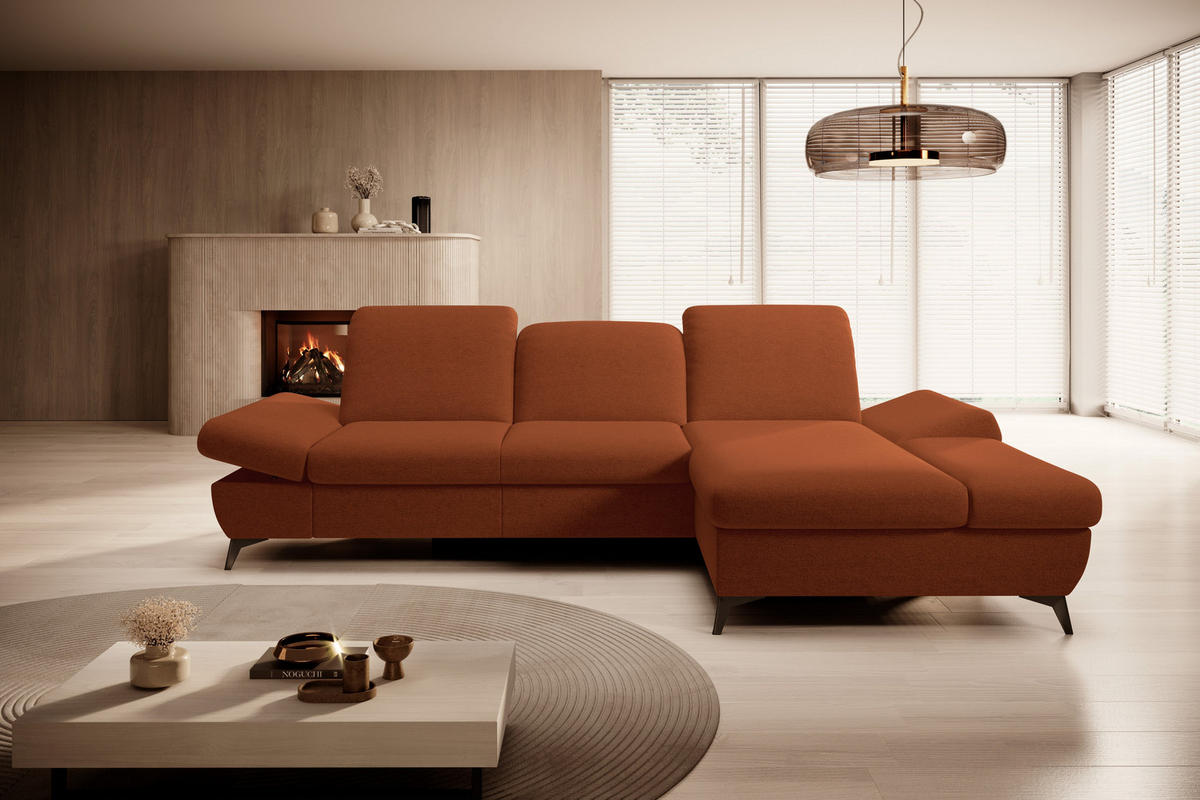 ECKSOFA FELICE R-S Orange Geflochtener Stoff mit Schlaffunktion - Orange, Holz (284/166cm) - MASSENO