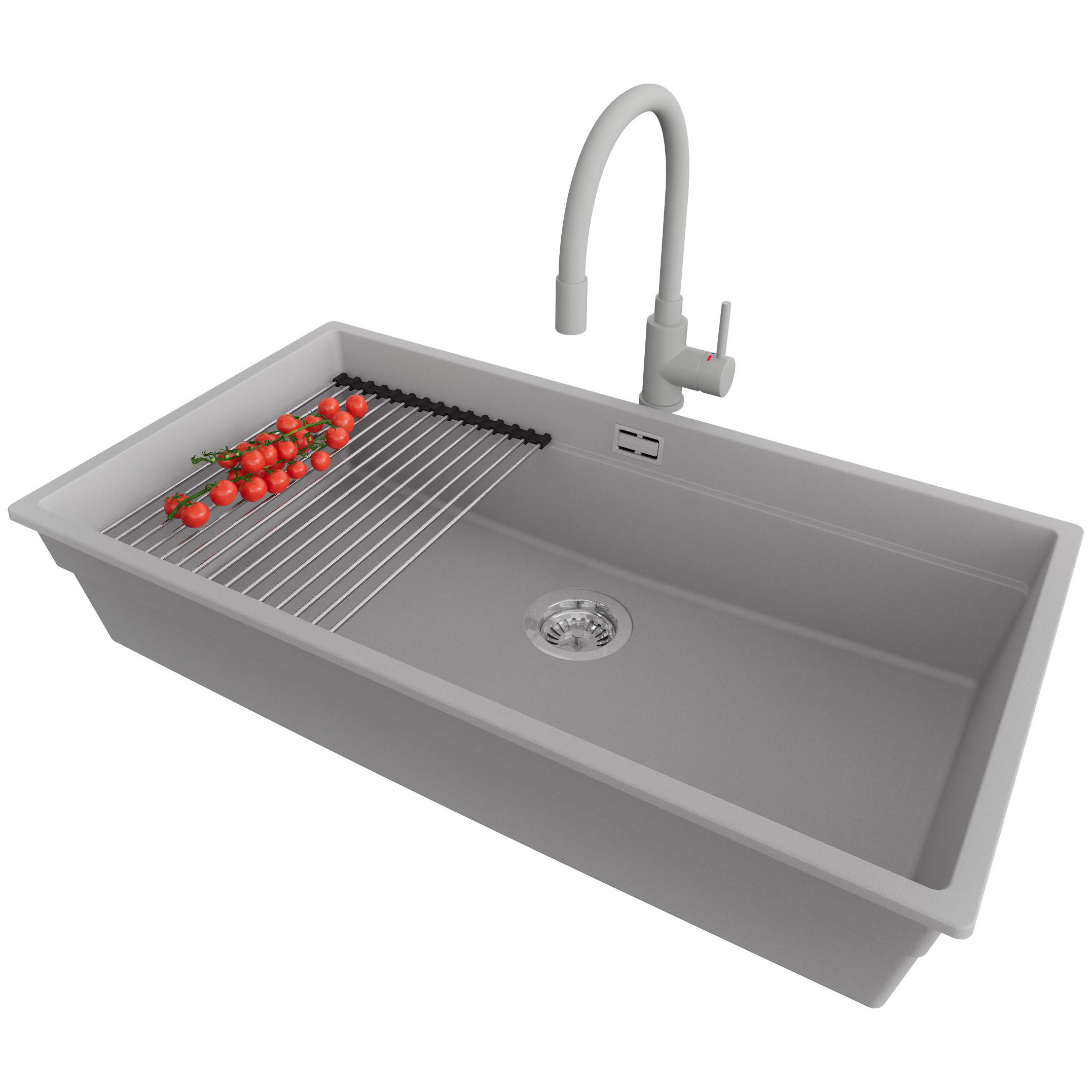 UNTERBAUSPÜLE GRANIT Praga, 2-er set Grau 86/47 cm 1 Becken + Küchenarmatur 38/14 cm + Ablauf-Set + Aufrollbare Abtropffläche ab 90er Unterschrank - Chromfarben/Grau, Kunststoff (86/20/47cm) - Primagran