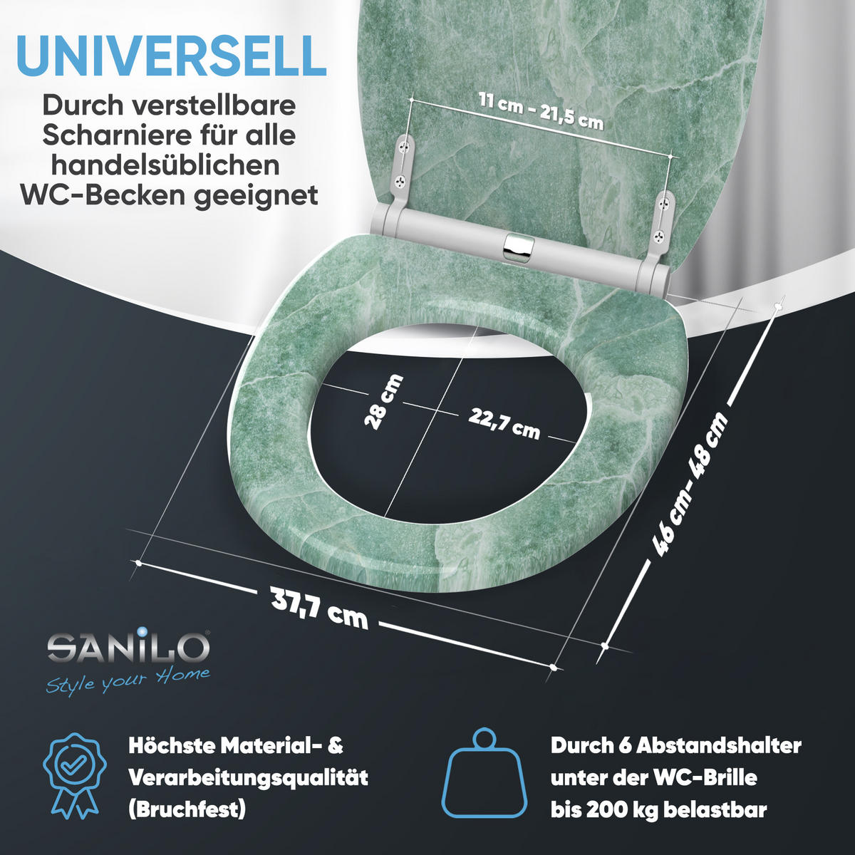 WC-SITZ mit Absenkautomatik & Top Fix Marmor Grün - Grün, Holzwerkstoff (37.7/5.5/48cm) - Sanilo