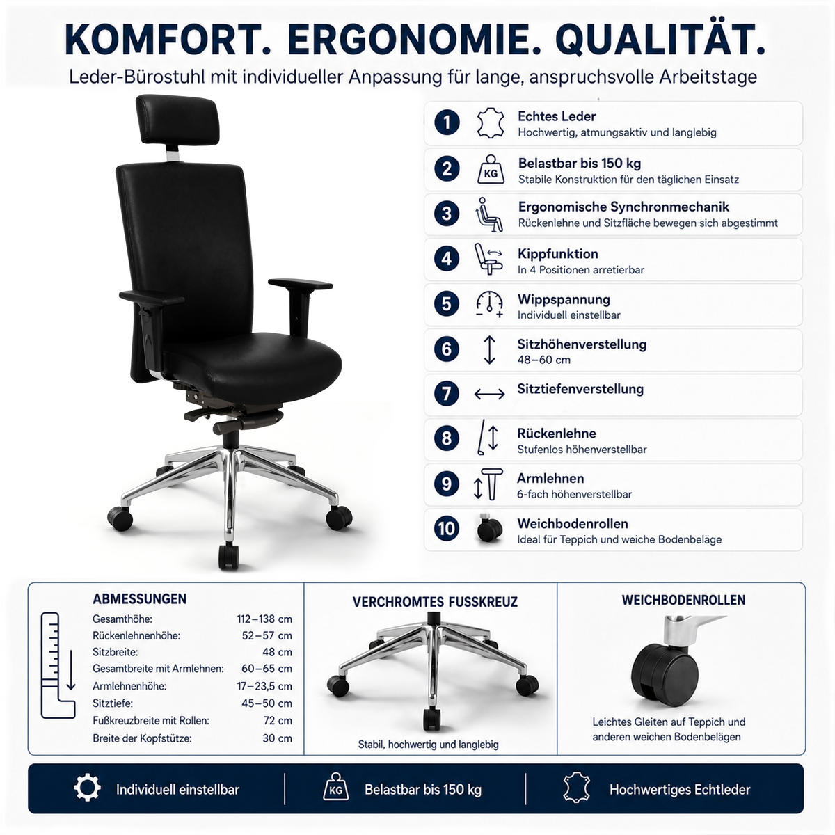 CHEFSESSEL Terox Leder Schwarz - ergonomisch, 150 kg belastbar, Sitzhöhe 48-60cm - Schwarz, Kunststoff/Textil (65/112/60cm) - Versee