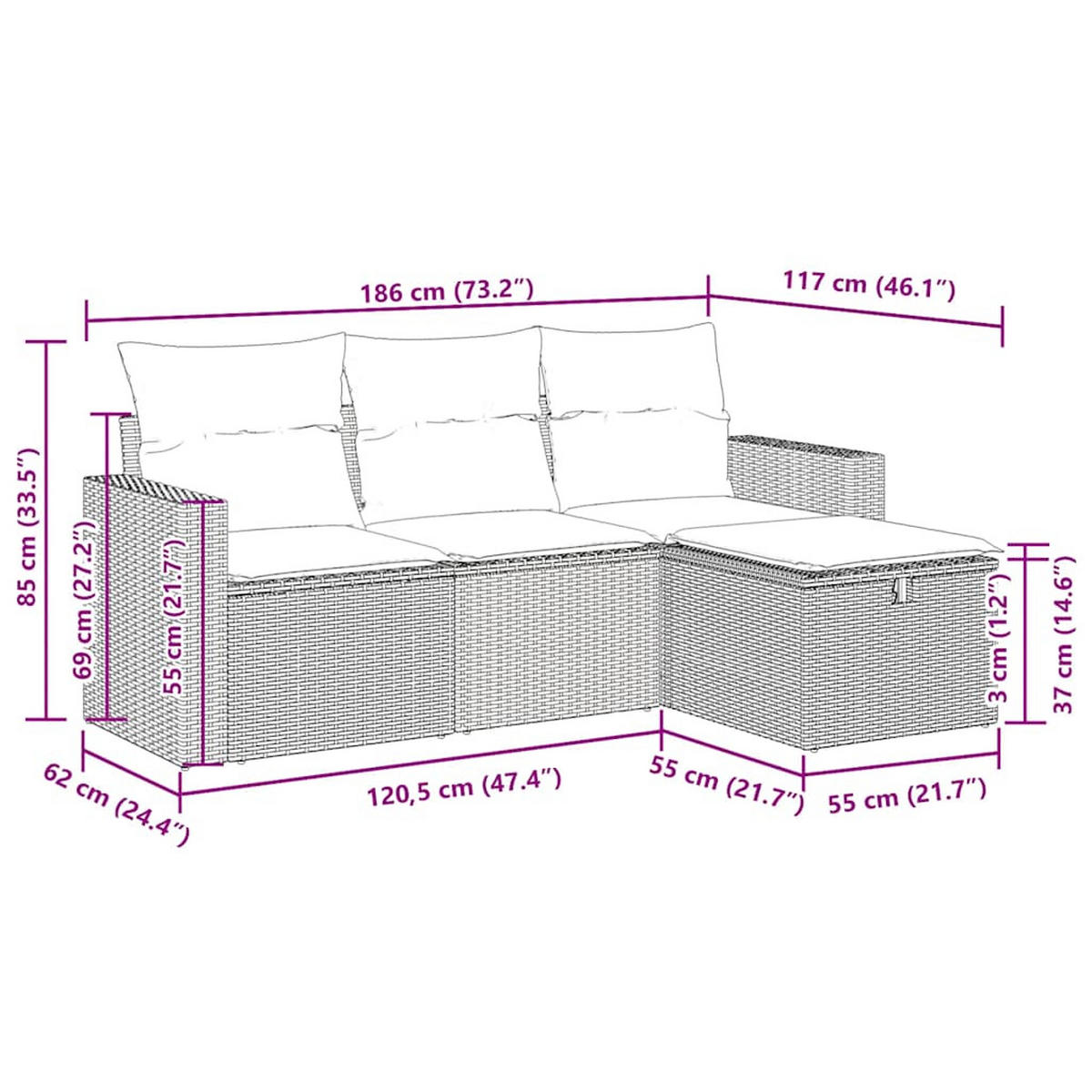 GARTEN-SOFAGARNITUR 4-TLG. Mit Kissen Grau Poly Rattan - Grau, Kunststoff - vidaXL